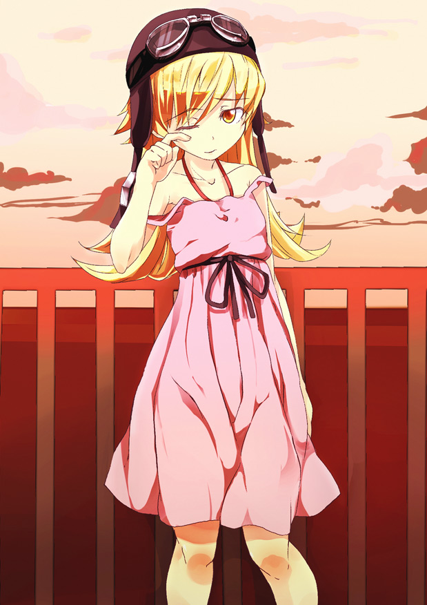 kou (ahms), oshino shinobu, bakemonogatari, monogatari (series), bad id, bad pixiv id, 00s, 1girl, bare shoulders, blonde hair, dress, female focus, goggles, helmet, long hair, solo, strap slip, yellow eyes