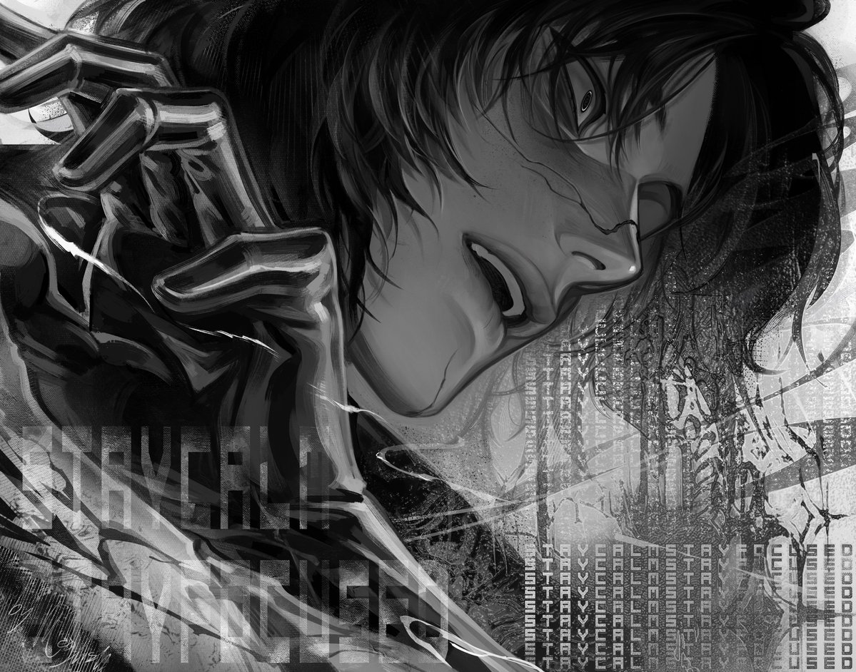 meylish, original, commentary, english commentary, 1boy, cracked skin, foreground text, from side, gloves, grey background, greyscale, looking ahead, male focus, monochrome, nose, open mouth, parted bangs, portrait, short hair, solo