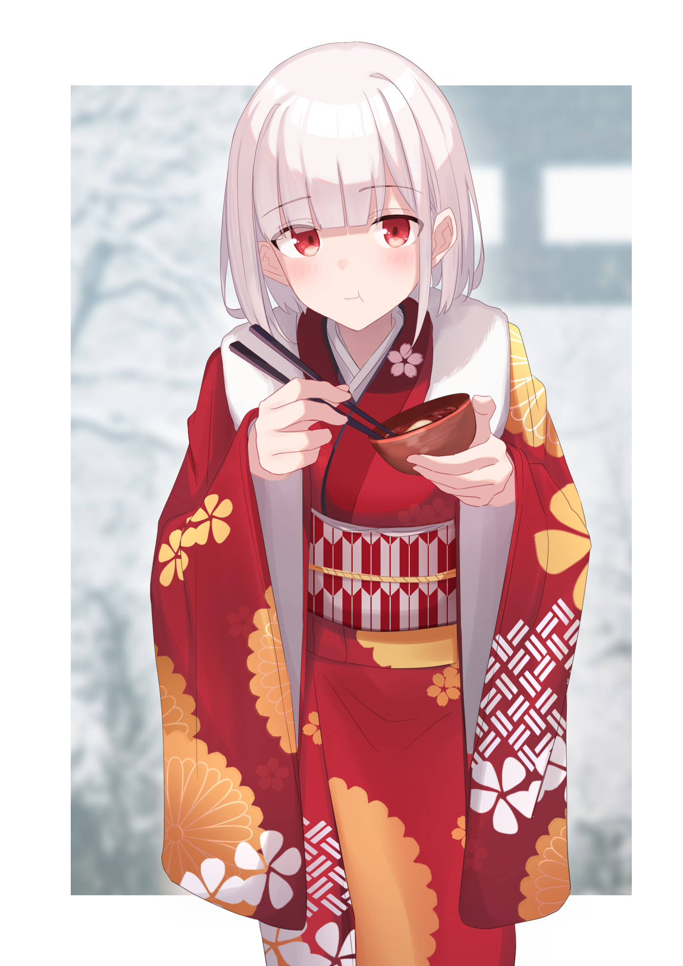 riya (01214), original, commentary request, highres, 1girl, :t, blurry, blurry background, bowl, chopsticks, depth of field, eating, grey hair, holding, holding bowl, holding chopsticks, japanese clothes, kimono, long sleeves, looking at viewer, obi, red eyes, red kimono, sash, snow, solo, torii, tree, wide sleeves, yagasuri