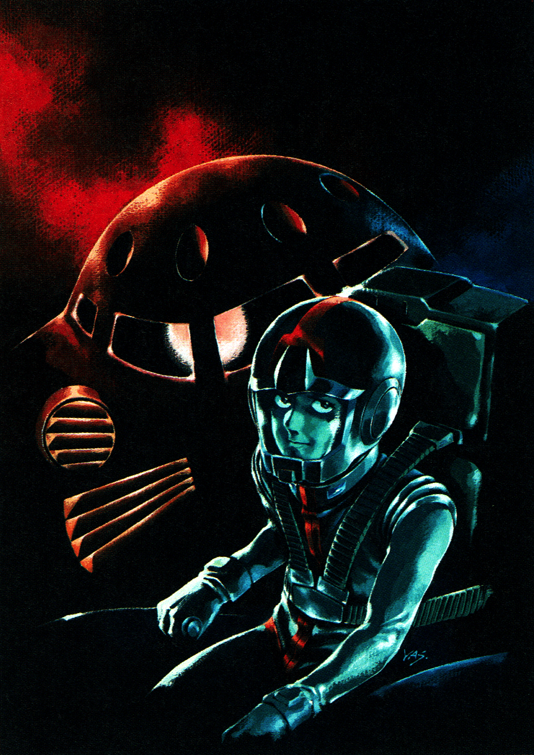 yasuhiko yoshikazu, amuro ray, z'gok, z'gok char custom, gundam, mobile suit gundam, absurdres, highres, non-web source, 1boy, closed mouth, earth federation space forces, mecha, mecha pilot suit, mobile suit, normal suit (gundam), one-eyed, red eyes, retro artstyle, robot, science fiction, signature
