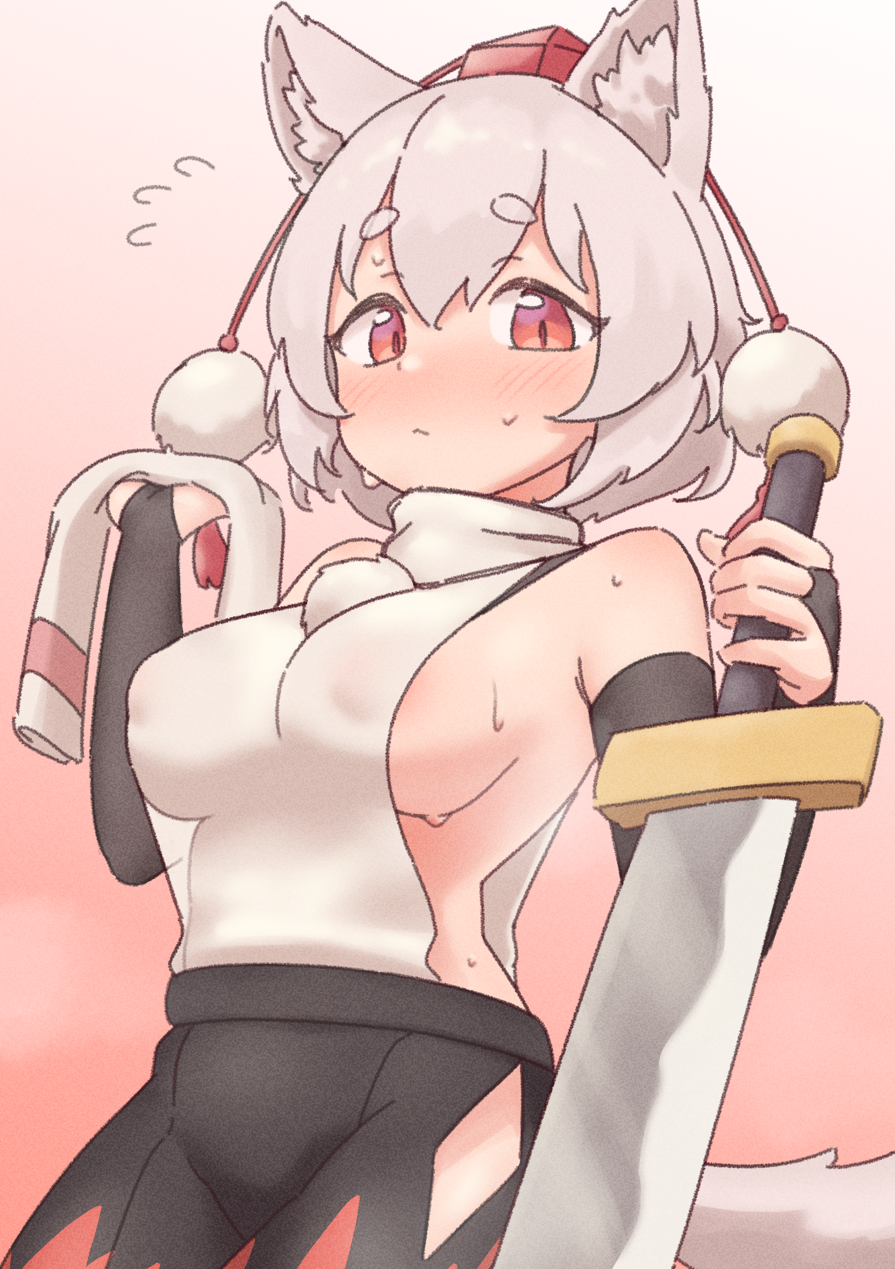 samukaze, inubashiri momiji, touhou, absurdres, commentary request, highres, 1girl, :/, animal ear fluff, animal ears, areola slip, black bridal gauntlets, black skirt, blush, breasts, bridal gauntlets, closed mouth, detached sleeves, double-parted bangs, gradient background, grey hair, hair between eyes, hat, holding, holding sword, holding unworn clothes, holding weapon, large breasts, looking down, medium hair, nose blush, pink background, pom pom (clothes), red eyes, red hat, red skirt, red trim, shirt, side slit, sideboob, simple background, skirt, solo, sweatdrop, sword, tail, tokin hat, two-tone skirt, unworn sleeves, upper body, weapon, white shirt, wolf ears, wolf girl, wolf tail