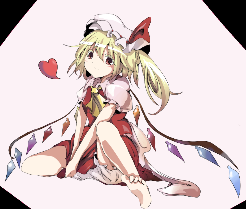 miyashu, potoiro, flandre scarlet, touhou, 1girl, barefoot, blonde hair, bloomers, colored eyelashes, eyelashes, feet, female focus, hat, heart, mob cap, ponytail, red eyes, short hair, side ponytail, sitting, smile, solo, underwear, v arms, white hat, wings
