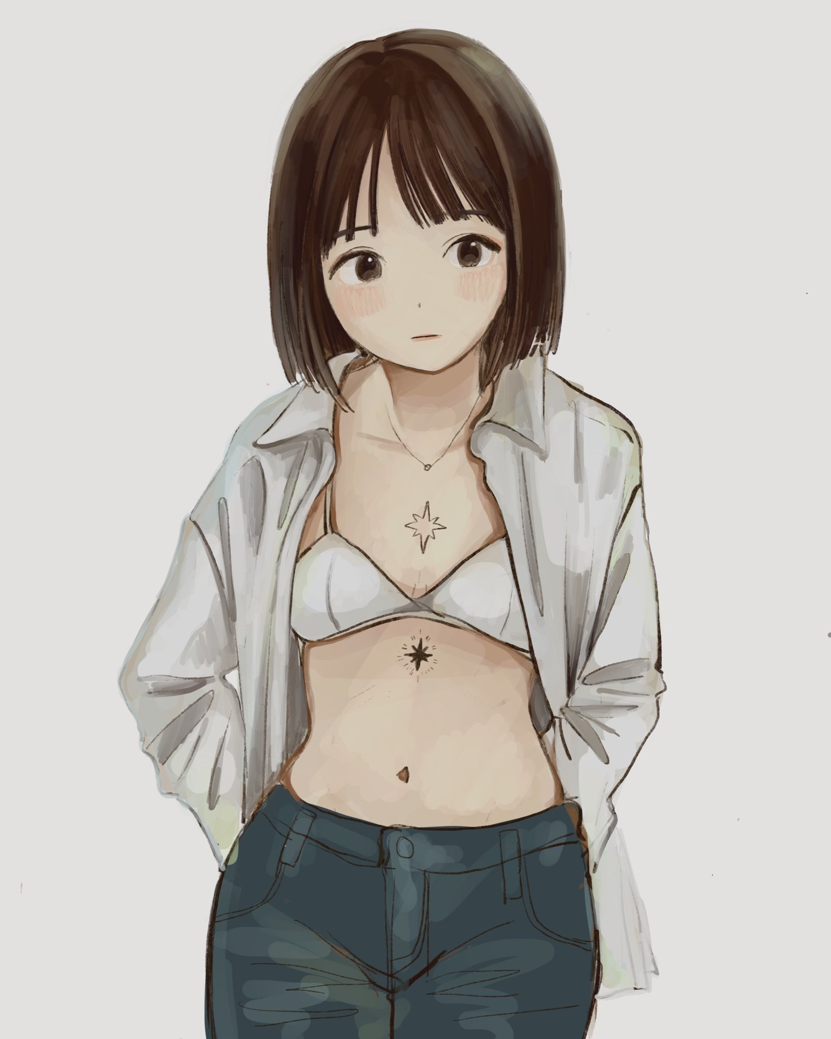 nena labo, original, highres, 1girl, black eyes, bob cut, bra, brown hair, chest tattoo, choppy bangs, closed mouth, cowboy shot, denim, dot nose, expressionless, jeans, long sleeves, navel, open clothes, open shirt, pants, shirt, short hair, simple background, solo, standing, stomach, tattoo, underwear, white background, white bra, white shirt