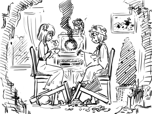 gensoukoumuten, aki minoriko, aki shizuha, touhou, 2girls, broken, chair, female focus, greyscale, hat, leaf, monochrome, multiple girls, short hair, sitting, slippers, smoke