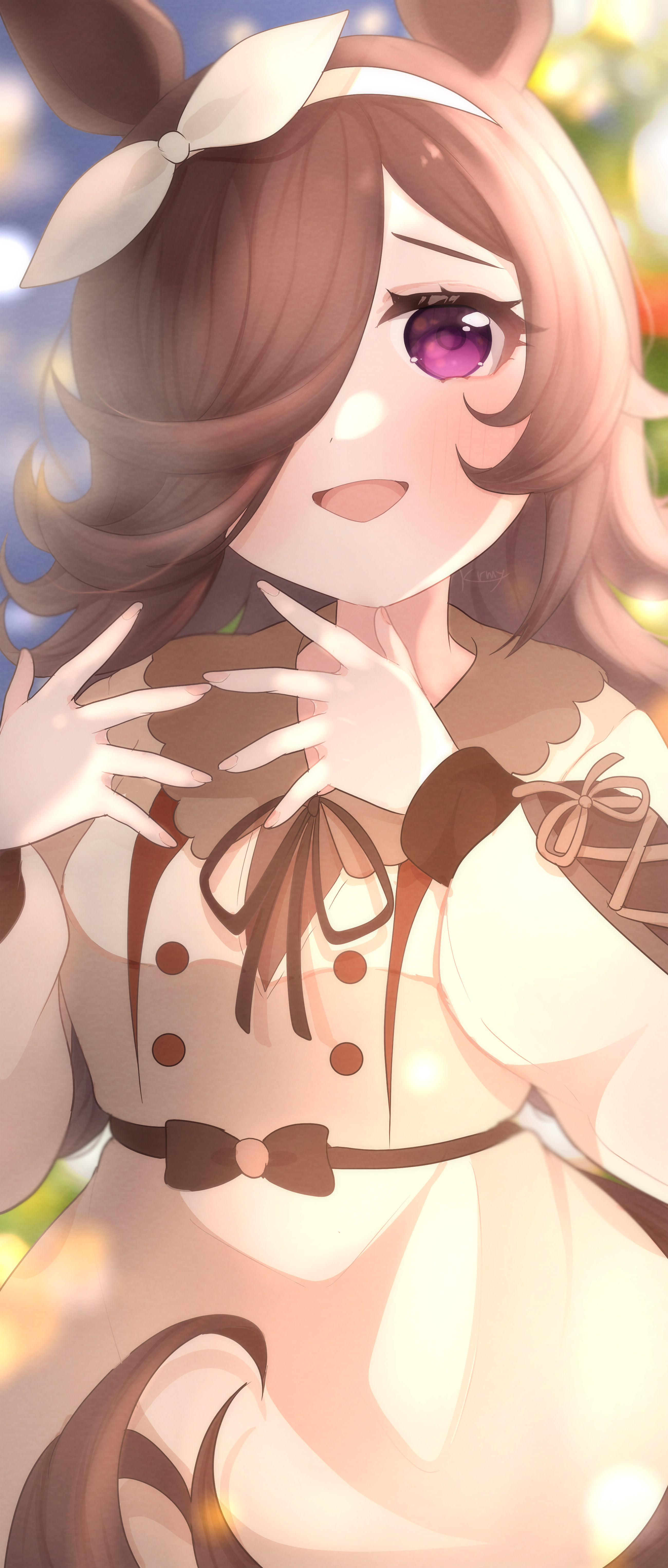 kurumiya (krmy p), rice shower (casual) (umamusume), rice shower (umamusume), umamusume, absurdres, highres, 1girl, animal ears, blurry, blurry background, blush, bow hairband, brown dress, brown hair, brown ribbon, casual, collared dress, dress, flipped hair, hair over one eye, hairband, horse ears, horse girl, horse tail, long hair, long sleeves, looking at viewer, official alternate costume, open mouth, purple eyes, ribbon, smile, solo, tail, white hairband