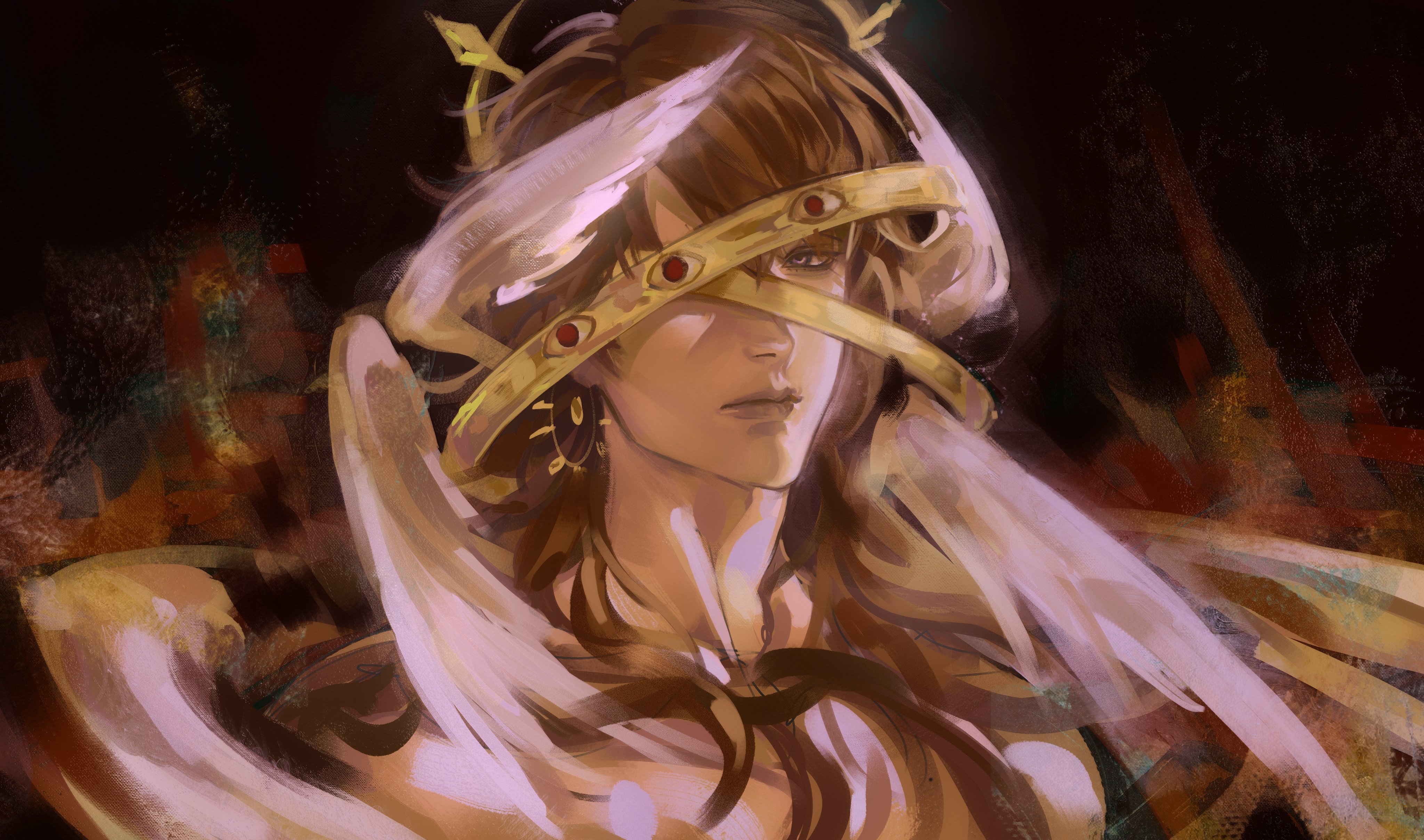 meylish, caleb (love and deepspace), love and deepspace, absurdres, commentary, english commentary, highres, 1boy, angel wings, biblically accurate angel, brown eyes, brown hair, closed mouth, feathered wings, lips, looking at viewer, male focus, medium hair, nose, one eye covered, solo, upper body, wings