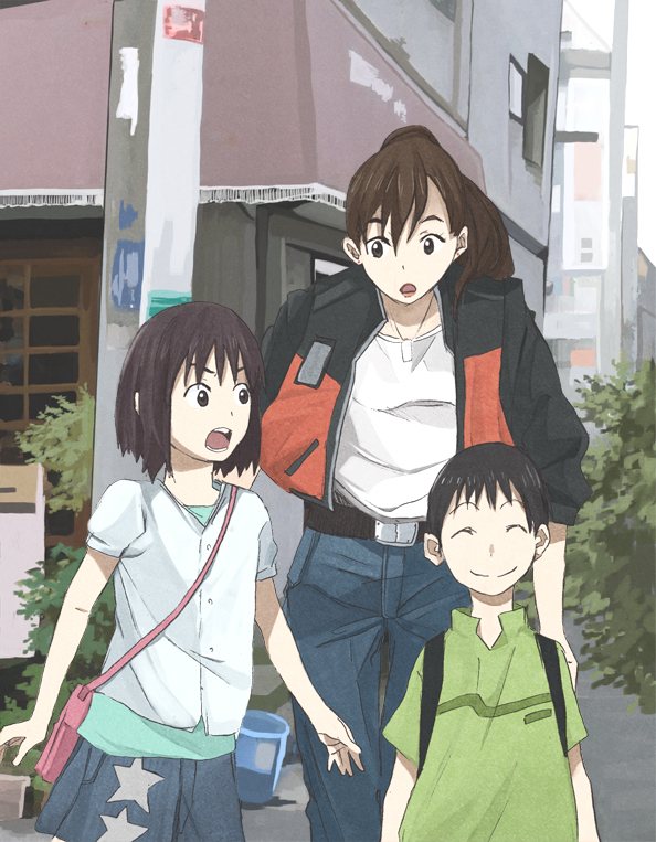 110 gou, kusanabe mari, onozawa mirai, onozawa yuuki, tokyo magnitude 8.0, bad id, bad pixiv id, commentary, 00s, 1boy, 2girls, :d, bag, building, collarbone, day, dress, green dress, handbag, looking at viewer, multiple girls, open mouth, outdoors, pole, ponytail, smile