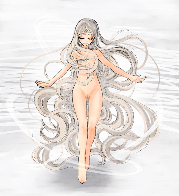 kazuki kisuke, original, silver hair, bad id, bad pixiv id, 1girl, absurdly long hair, barefoot, closed eyes, female focus, flat chest, legs, long hair, nude, pussy, solo, uncensored, very long hair