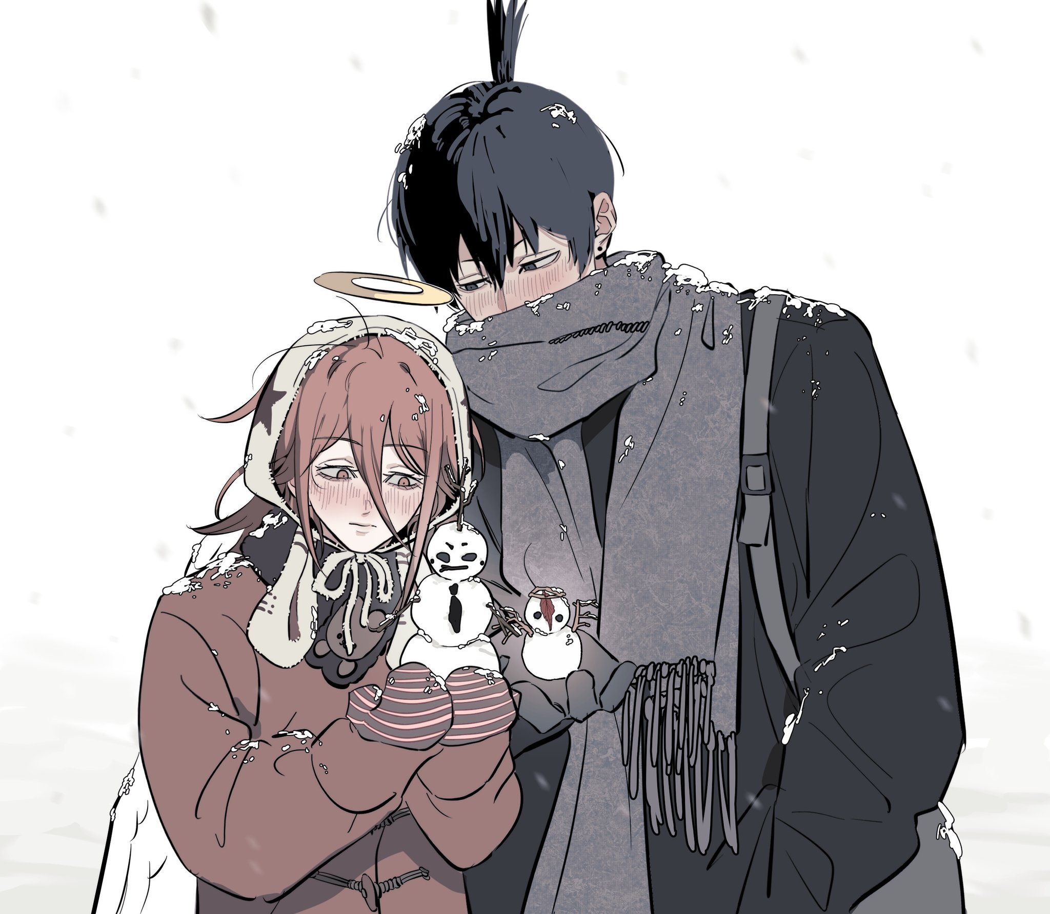 angel devil (chainsaw man), hayakawa aki, chainsaw man, commentary request, highres, korean commentary, 2boys, alternate costume, angel, angel wings, black hair, blue eyes, blush, closed mouth, couple, hair between eyes, halo, height difference, holding snowman, long hair, male focus, multiple boys, scarf, short hair, simple background, snow, topknot, traditional halo, tus oo, upper body, white background, white wings, wings, winter clothes, yaoi, yellow eyes