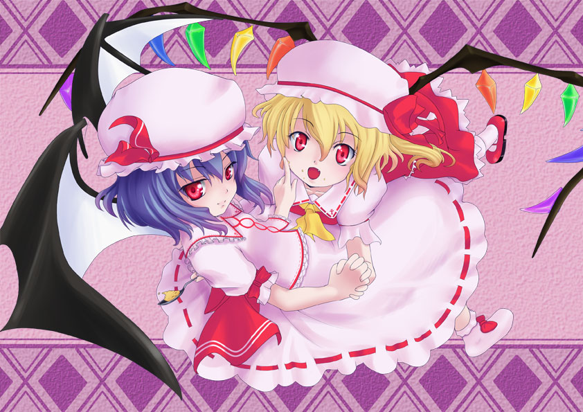 tonpara, flandre scarlet, remilia scarlet, touhou, bad id, bad pixiv id, 2girls, bat wings, blonde hair, blue hair, female focus, hat, multiple girls, one side up, red eyes, short hair, siblings, side ponytail, sisters, wings