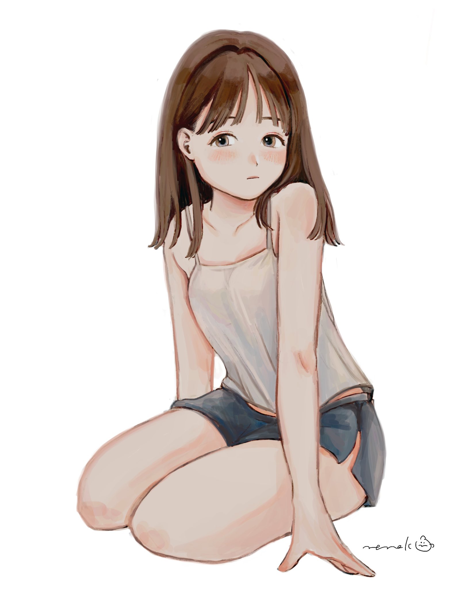 nena labo, original, highres, 1girl, armpit crease, arms at sides, black shorts, blush, brown hair, camisole, choppy bangs, closed mouth, full body, grey eyes, long hair, looking at viewer, short shorts, shorts, signature, simple background, sitting, solo, spaghetti strap, white background, white camisole
