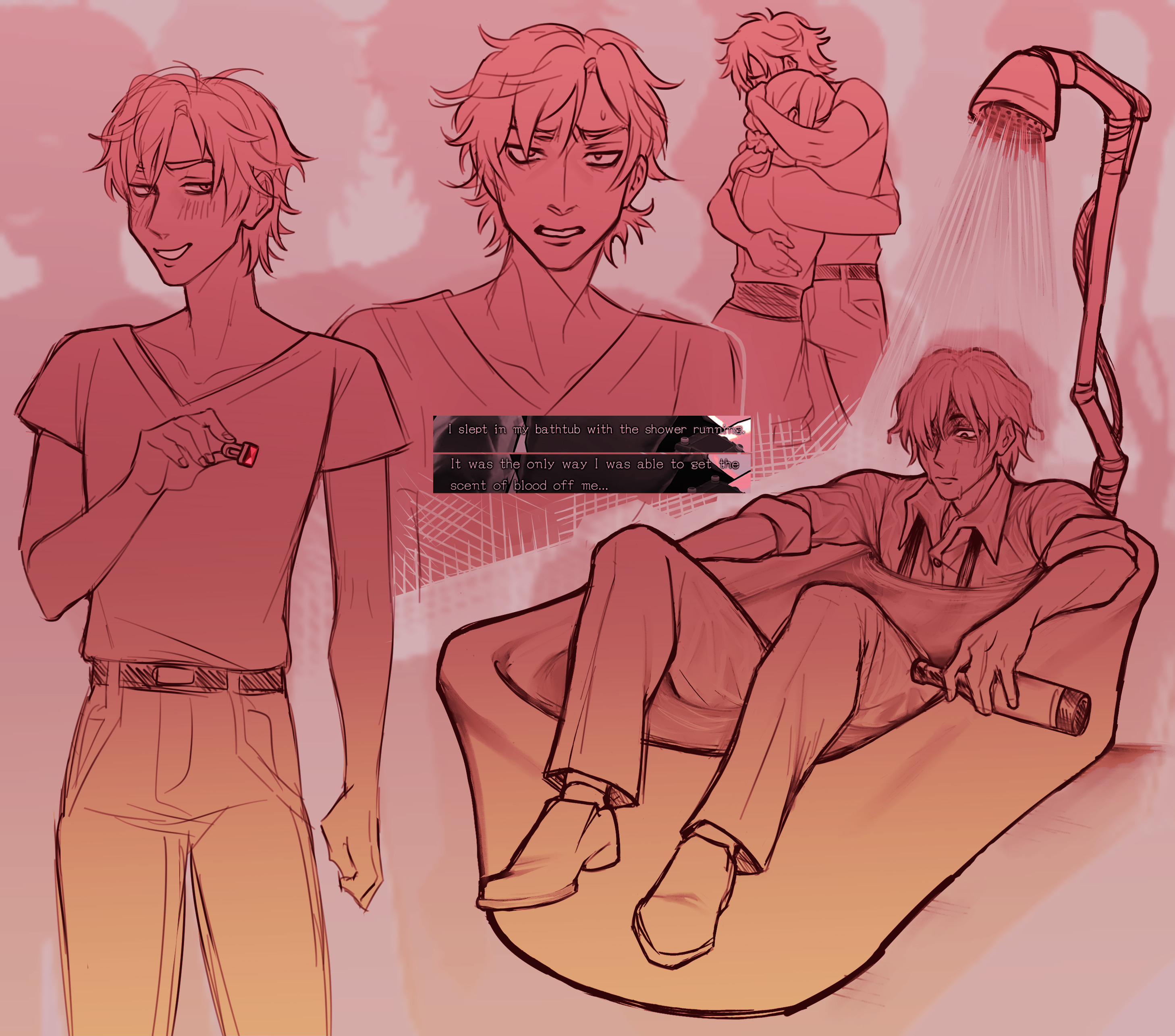 hnah (reddyblue), junpei (kyokugen dasshutsu), kurashiki akane, kyokugen dasshutsu, zero escape: toki no dilemma, absurdres, commentary, english commentary, highres, spoilers, 1boy, 1girl, alternate costume, bathing, bathtub, belt, blush, bottle, closed mouth, clothed bath, collarbone, collared shirt, dress, english text, game screenshot inset, hair over one eye, holding, holding bottle, holding jewelry, holding ring, hug, jewelry, long hair, long sleeves, male focus, monochrome, multiple views, pants, ring, sash, screenshot inset, shirt, shoes, short hair, short sleeves, shower head, smile, source quote, suspenders, sweatdrop, t-shirt, v-neck, water