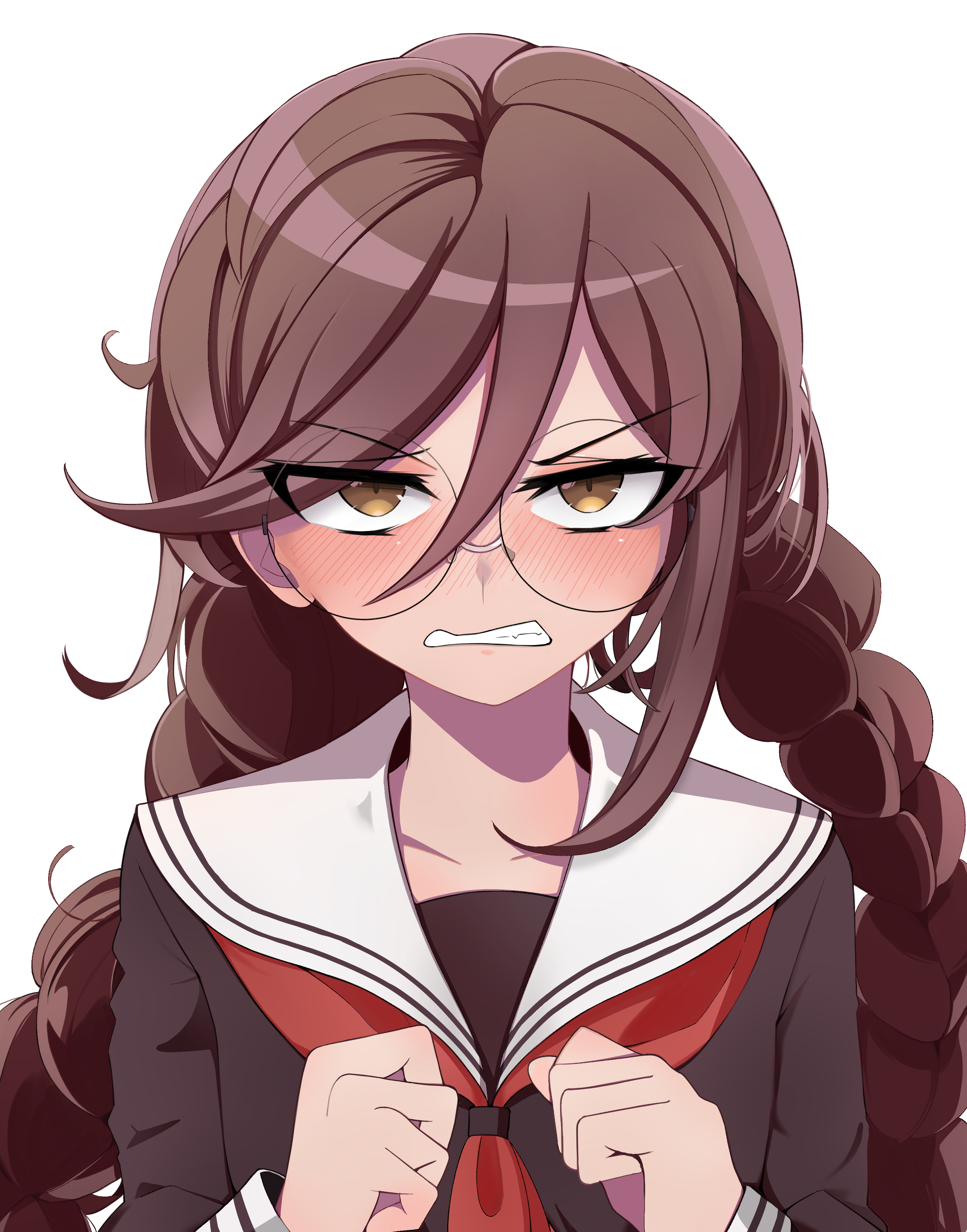 chinju-san, fukawa toko, danganronpa: trigger happy havoc, danganronpa (series), absurdres, commentary request, highres, 1girl, angry, black shirt, blush, braid, brown eyes, brown hair, clenched hands, clenched teeth, collared shirt, eyelashes, glasses, hair between eyes, long hair, long sleeves, looking at viewer, neckerchief, nose blush, red neckerchief, round eyewear, sailor collar, shirt, simple background, solo, teeth, twin braids, twintails, white background, white sailor collar