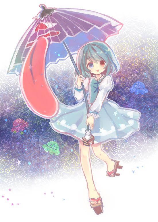 torii sumi, tatara kogasa, touhou, 1girl, :p, aqua hair, bare legs, blue eyes, blue hair, female focus, full body, geta, gradient background, heterochromia, karakasa obake, matching hair/eyes, red eyes, sandals, short hair, smile, solo, tongue, tongue out, ufo, umbrella, white background
