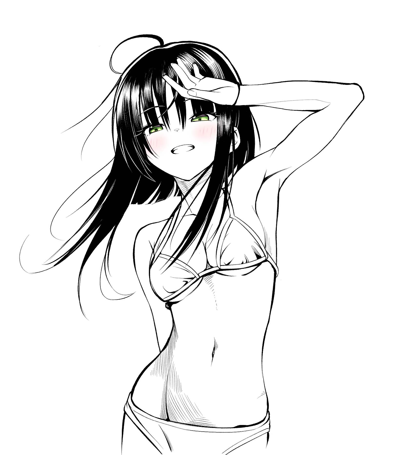 uoouchan, hitachi mako, senren banka, highres, 1girl, :d, ahoge, alternate costume, arm behind back, arm up, armpits, bikini, black hair, blunt ends, blush, breasts, cleavage, collarbone, cowboy shot, eyes visible through hair, floating hair, green eyes, grin, hair between eyes, halterneck, looking at viewer, medium breasts, navel, open mouth, partially colored, short hair with long locks, simple background, sketch, smile, solo, stomach, straight hair, swimsuit, underboob, white background