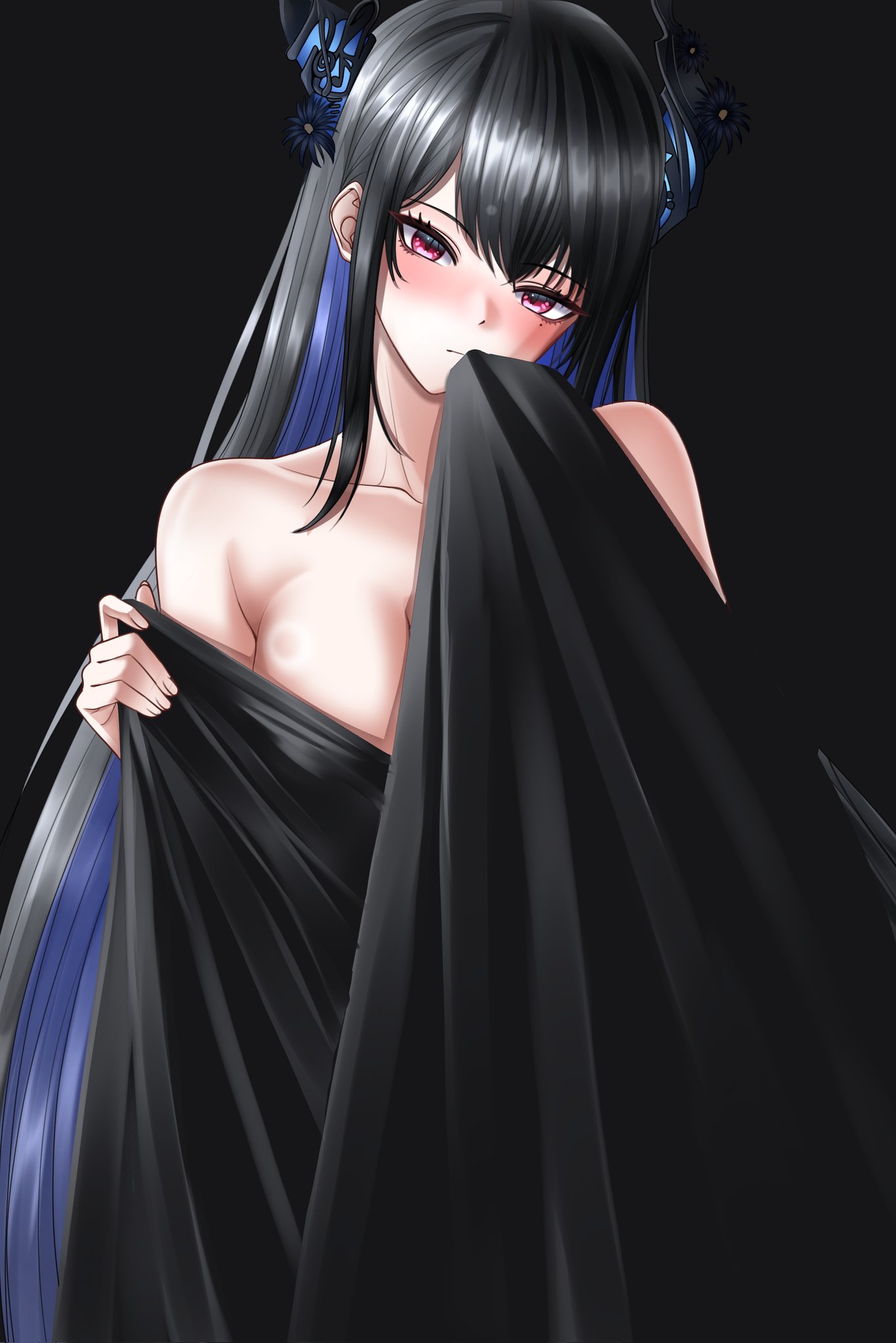 nerissa ravencroft, hololive, hololive english, highres, 1girl, asymmetrical horns, bare shoulders, bed sheet, black background, black hair, blue hair, breasts, colored inner hair, demon horns, flower, horn flower, horns, large breasts, long hair, looking at viewer, mole, mole under eye, multicolored hair, naked sheet, red eyes, shinraizuku, shiny skin, simple background, solo, two-tone hair, uneven horns, virtual youtuber