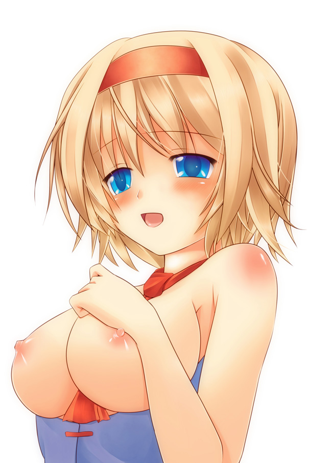 ohka, ooka (ohkaworks!), alice margatroid, touhou, 1girl, bare shoulders, between breasts, blonde hair, blue eyes, blush, breasts, female focus, hairband, large breasts, necktie, nipples, open mouth, short hair, solo