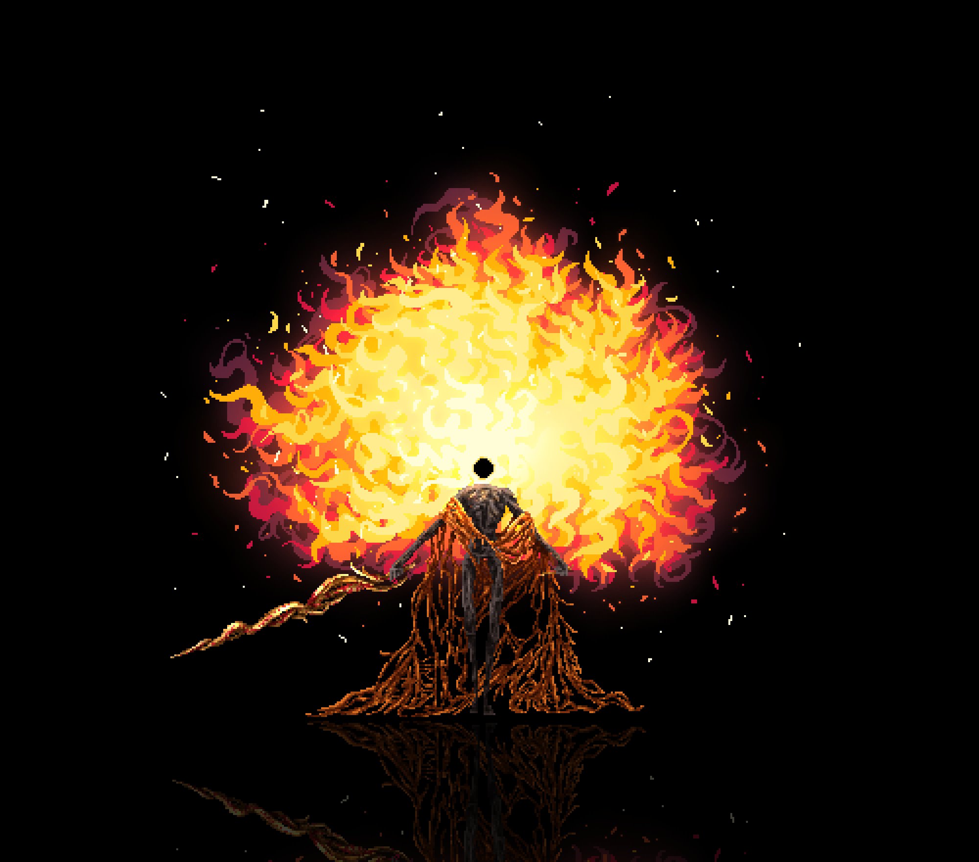 midra lord of frenzied flame, elden ring, elden ring: shadow of the erdtree, highres, 1boy, black background, chun grandfa, coiled sword, emaciated, fire, flaming head, headless, orange robe, pixel art, rags, reflection, robe, shawl, solo, torn clothes, torn robe, withered, yellow robe, yellow shawl