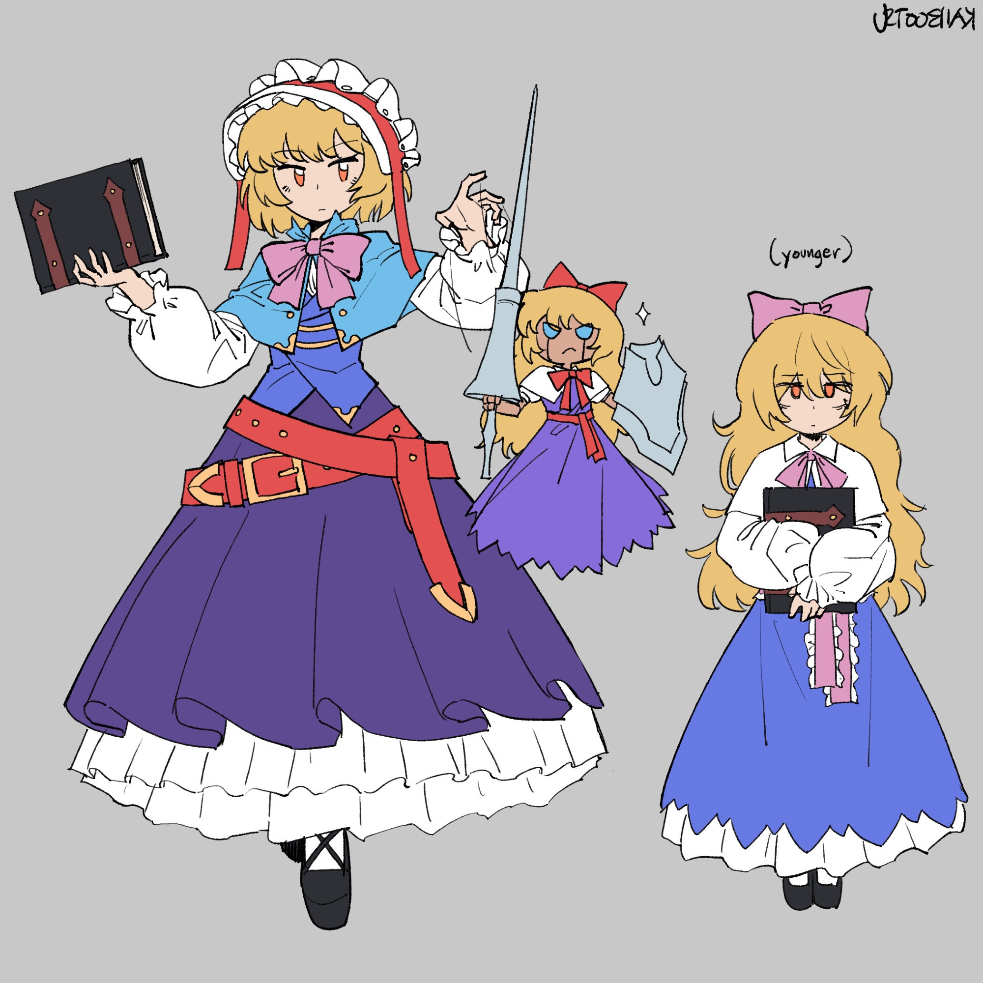 kaibootsu, alice margatroid, alice margatroid (pc-98), shanghai doll, touhou, commentary, english commentary, highres, 1girl, arms up, belt, black shoes, blonde hair, blue capelet, blue eyes, blue shirt, blue skirt, book, bow, bowtie, capelet, closed mouth, dot mouth, dot nose, dress, dual persona, english text, frilled hairband, frilled skirt, frilled sleeves, frills, frown, gold buttons, grey background, grimoire of alice, hair between eyes, hair bow, hairband, holding, holding book, holding polearm, holding shield, holding weapon, jitome, lance, layered skirt, long hair, long skirt, long sleeves, looking down, medium hair, multiple belts, neck ribbon, orange eyes, pink belt, pink bow, pink bowtie, pink ribbon, polearm, puffy long sleeves, puffy sleeves, puppet strings, purple dress, purple skirt, red belt, red bow, red bowtie, red hairband, ribbon, shield, shirt, shoes, signature, simple background, skirt, socks, swept bangs, v-shaped eyebrows, weapon, white capelet, white shirt, white skirt, white socks, white trim