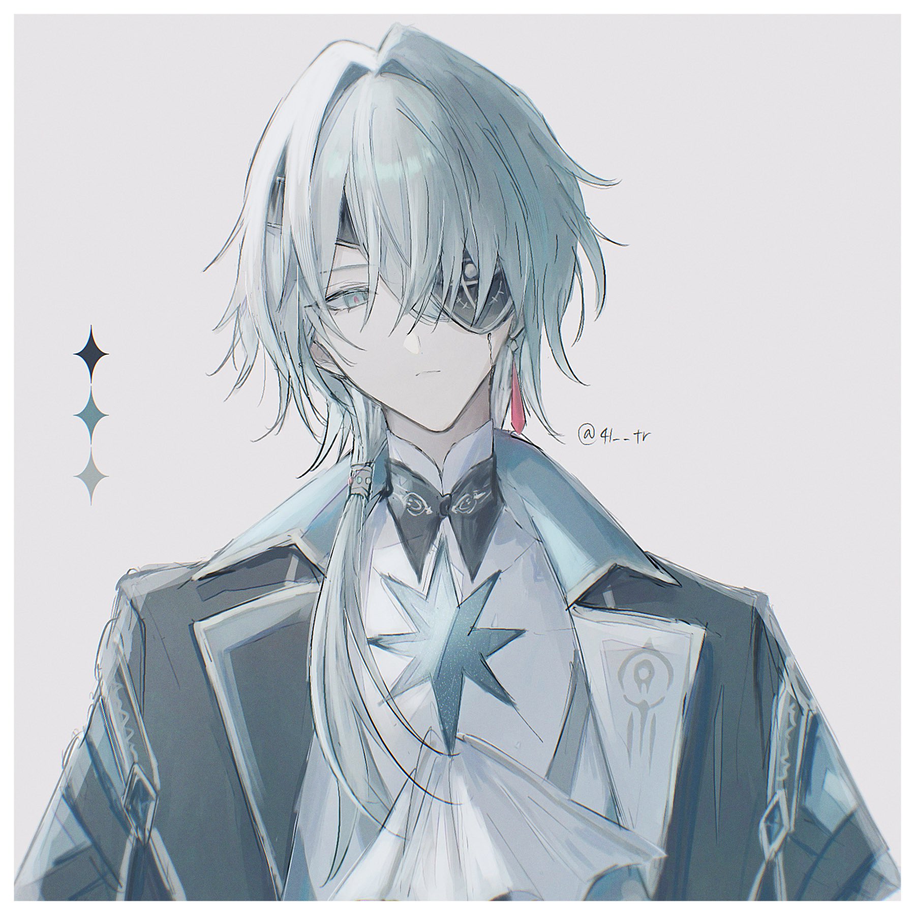 41 tr, anaxa (honkai: star rail), honkai: star rail, honkai (series), highres, 1boy, aqua eyes, aqua hair, black jacket, closed mouth, earrings, eyepatch, gem, hair between eyes, hair intakes, jacket, jewelry, lapels, looking at viewer, male focus, mandarin collar, medium hair, notched lapels, one eye covered, red gemstone, red pupils, shirt, side ponytail, simple background, single earring, solo, twitter username, upper body, white background, white shirt