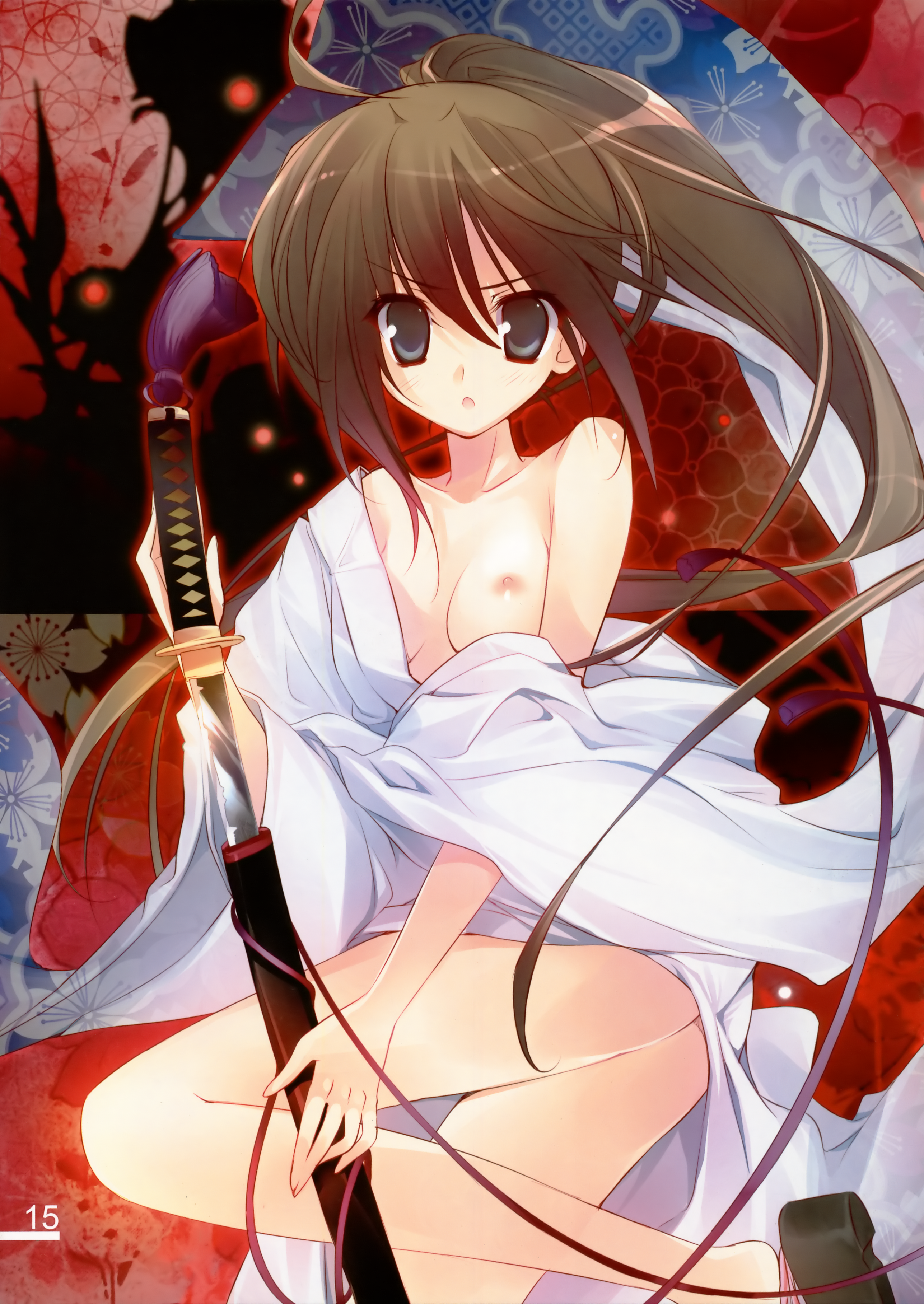 karory, absurdres, highres, huge filesize, 1girl, blush, breast slip, breasts, brown hair, female focus, grey eyes, japanese clothes, karomix, katana, long hair, nipples, no bra, off shoulder, one breast out, ponytail, robe, sheath, sheathed, small breasts, solo, sword, unsheathing, weapon