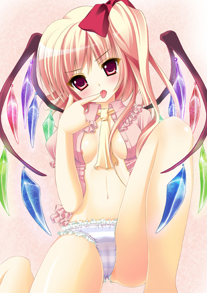 kino konomi, konomi (kino konomi), flandre scarlet, team shanghai alice, touhou, bad id, bad pixiv id, 1girl, blonde hair, female focus, hat, nipples, open clothes, open shirt, panties, ponytail, red eyes, shirt, short hair, side ponytail, solo, underwear, wings