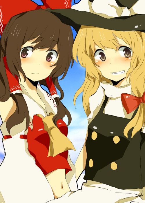mono (recall), hakurei reimu, kirisame marisa, touhou, bad id, bad pixiv id, 2girls, blonde hair, brown eyes, brown hair, female focus, multiple girls, pink eyes
