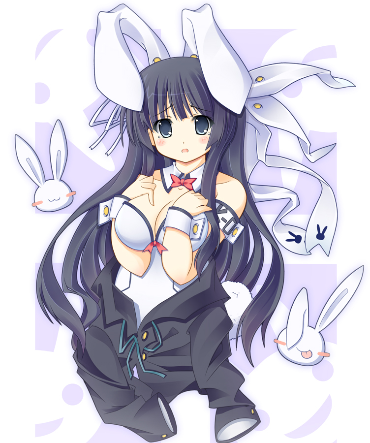 ooji cha, akiyama mio, k-on!, bad id, bad pixiv id, 00s, 1girl, animal ears, armband, blush, bow, bowtie, cuffs, fake animal ears, female focus, jacket, playboy bunny, rabbit, rabbit ears, solo, tears, undressing