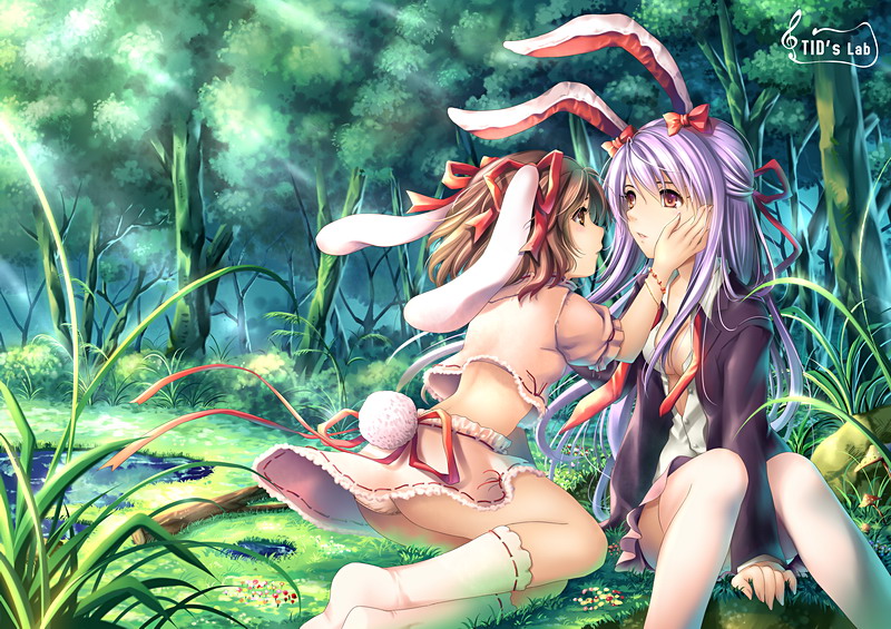 tidsean, inaba tewi, reisen udongein inaba, touhou, bad id, bad pixiv id, 2girls, animal ears, brown hair, female focus, long hair, multiple girls, panties, purple hair, rabbit ears, red eyes, ribbon, short hair, skirt, tail, thighhighs, underwear, yuri
