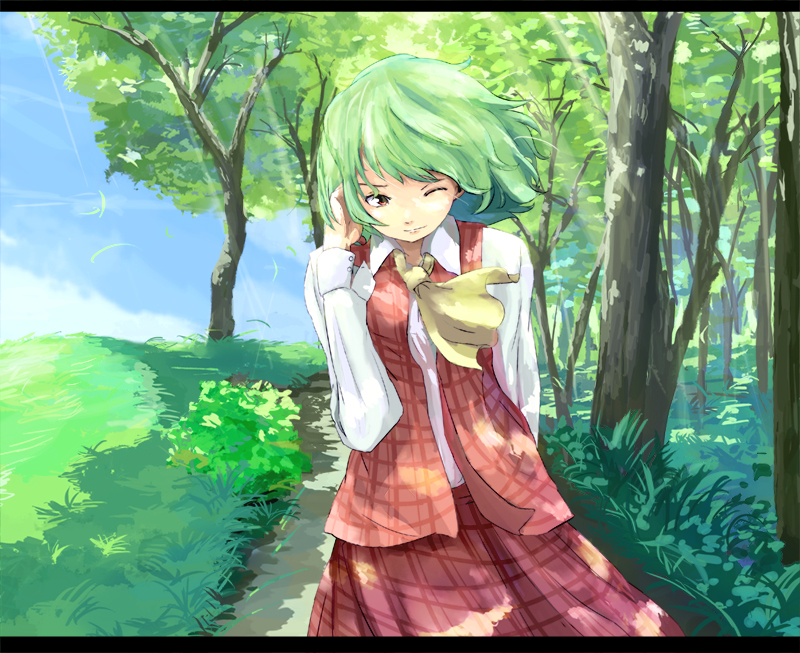 you (pixiv249955), you (shimizu), kazami yuuka, touhou, bad id, bad pixiv id, 1girl, adjusting hair, ascot, female focus, forest, grass, green hair, letterboxed, nature, one eye closed, plaid clothes, plaid skirt, plaid vest, red eyes, short hair, skirt, skirt set, solo, tree, vest, wind