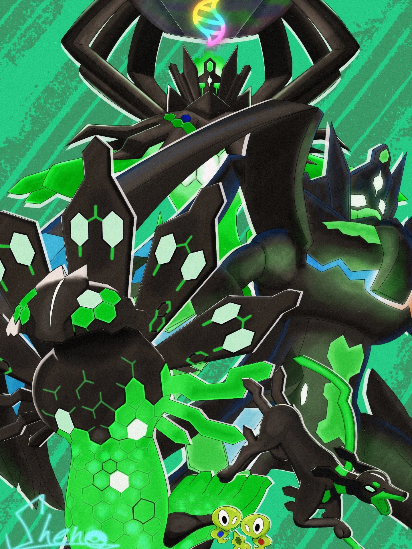 mega zygarde, zygarde, zygarde (complete), zygarde cell, zygarde core, nintendo, pokemon, pokemon (anime), pokemon xy (anime), commentary request, highres, empty eyes, gen 6 pokemon, glowing, glowing eyes, green background, legendary pokemon, mega evolution symbol, mega pokemon, nick xu, no humans, open mouth, outstretched arms, pokemon (creature), pokemon focus, scales, signature, spread arms, zygarde (10), zygarde (50)