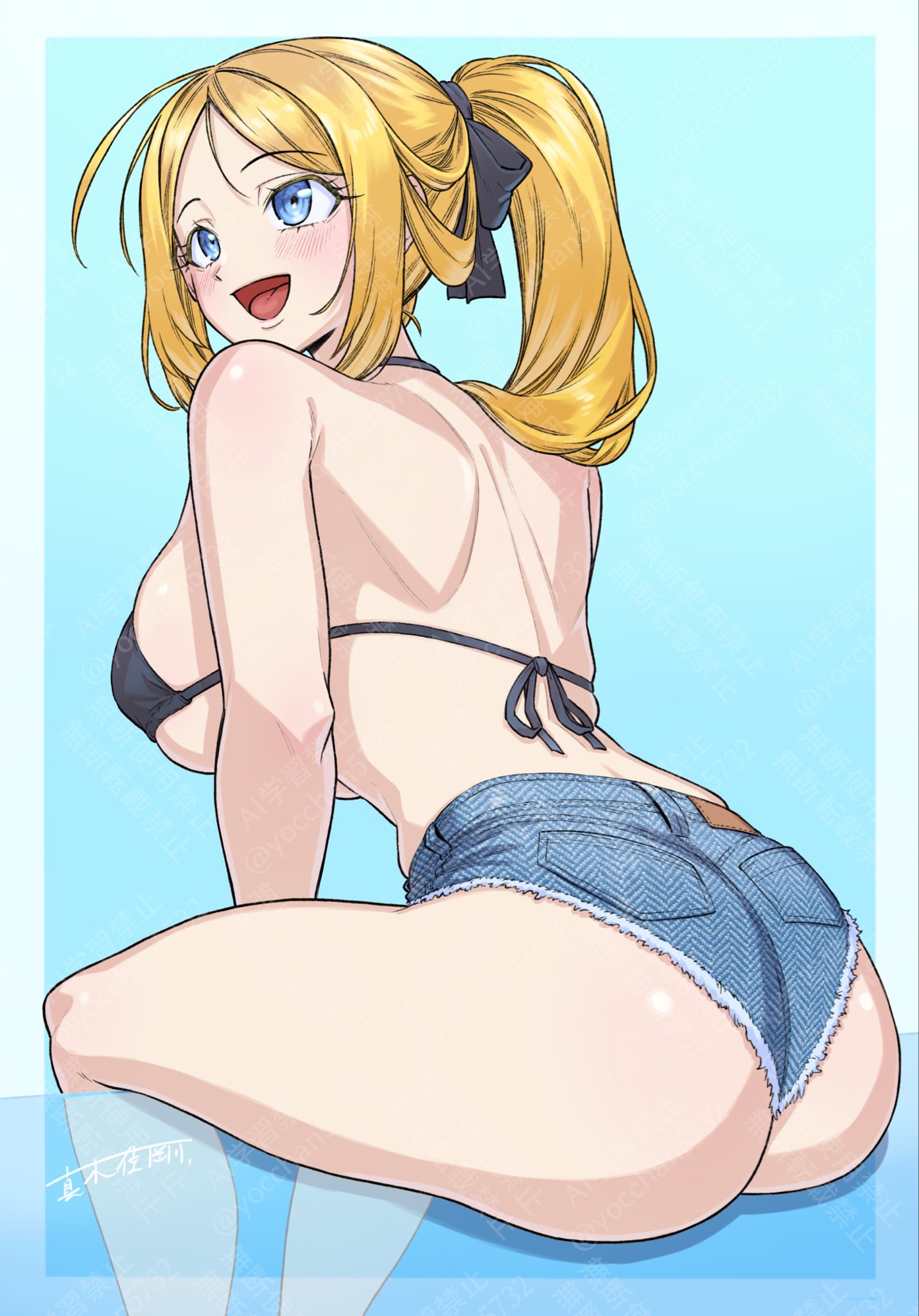 maki yoshitake, original, highres, 1girl, ass, bare back, bare shoulders, bikini, black bikini, blonde hair, blue eyes, blue shorts, blush, breasts, denim, denim shorts, hair ribbon, large breasts, long hair, open mouth, parted bangs, ponytail, ribbon, shorts, sitting, smile, solo, swimsuit, thighs