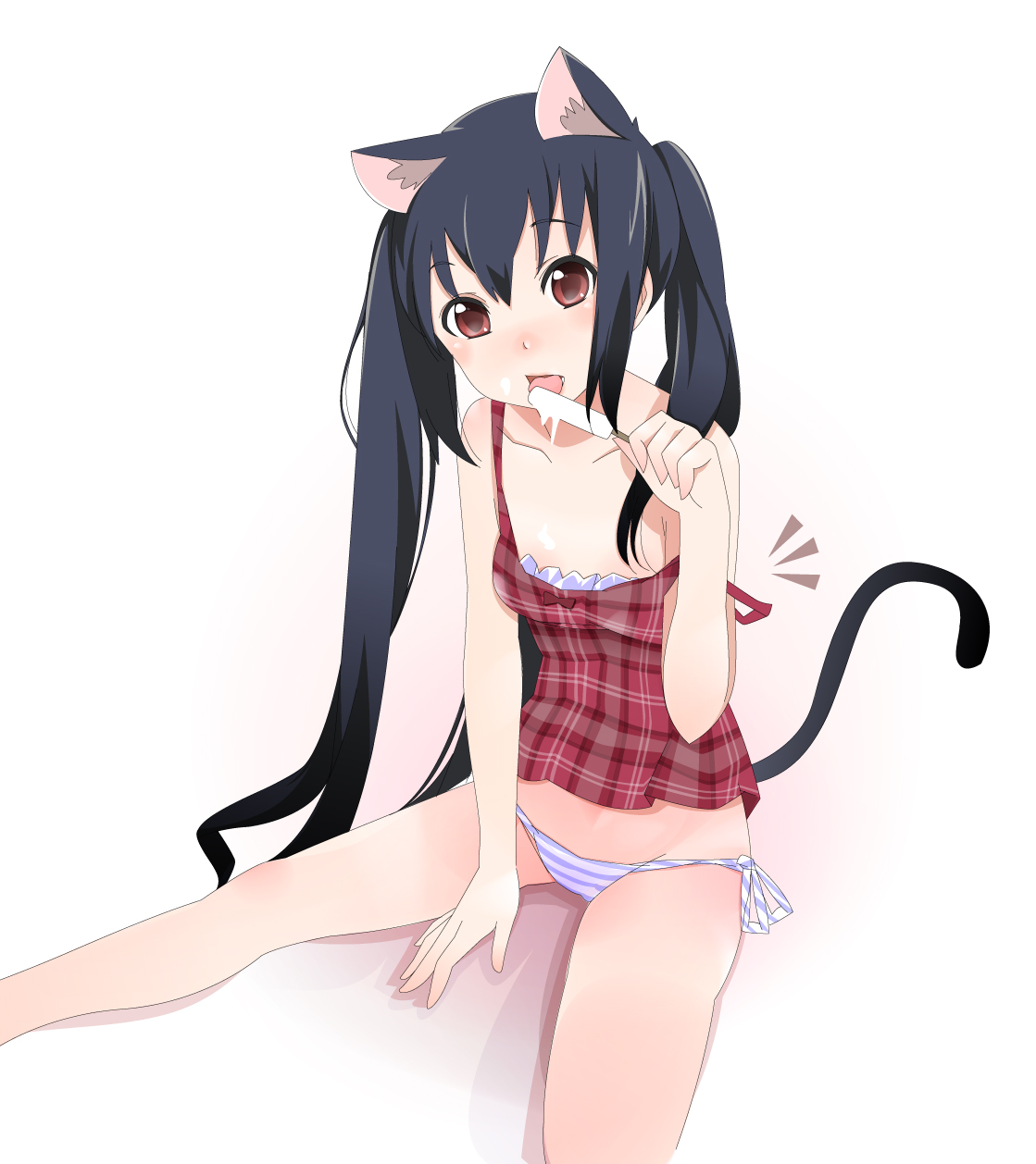 kazuha nanako, nanako (artist), nakano azusa, k-on!, highres, 00s, 1girl, animal ears, cat ears, cat girl, cat tail, female focus, food, gradient background, panties, popsicle, side-tie panties, solo, strap slip, striped clothes, striped panties, tail, underwear, white background