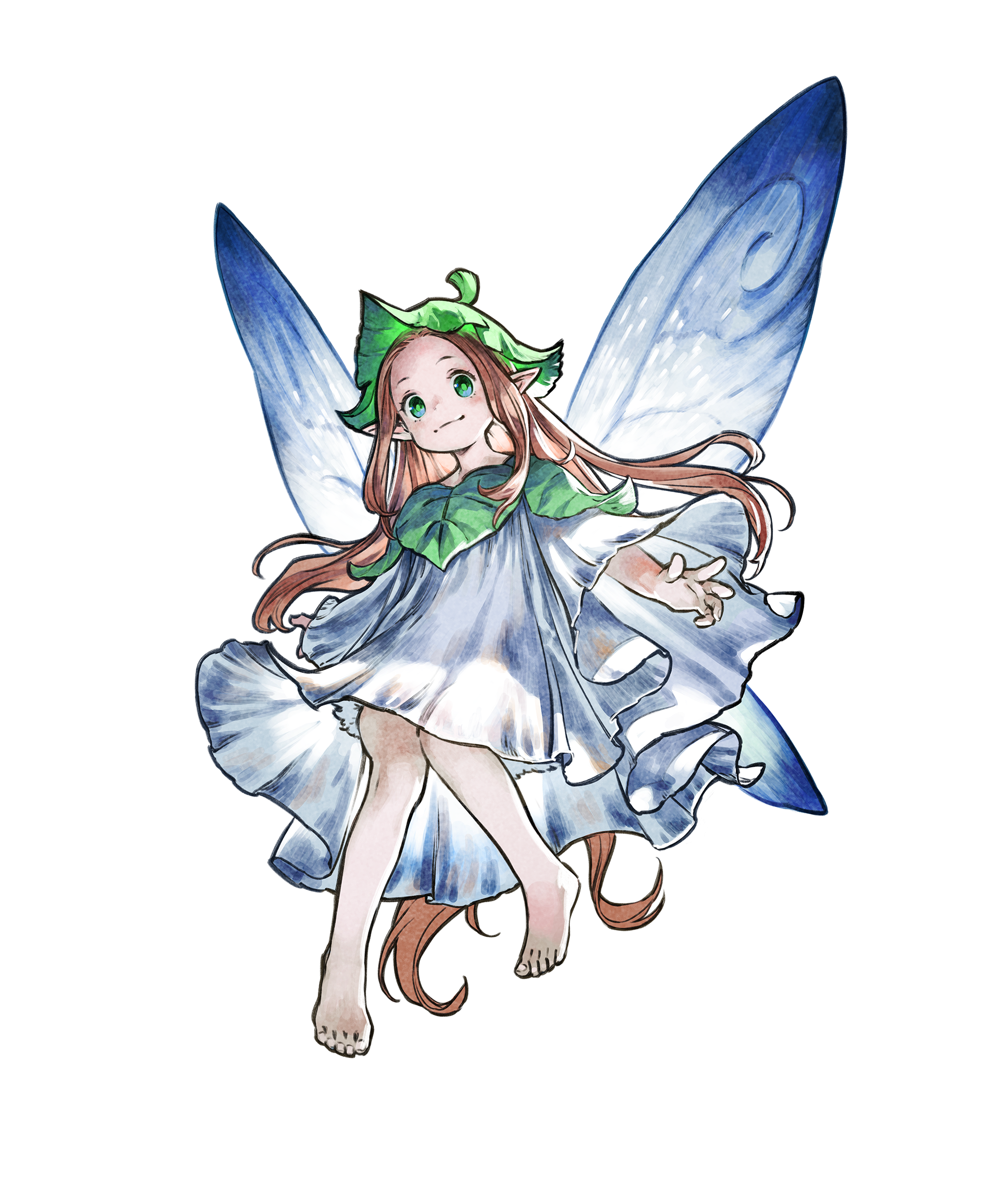 faie, the adventures of elliot: the millennium tales, absurdres, highres, official art, photoshop (medium), 1girl, barefoot, brown hair, fairy, fairy wings, full body, green eyes, knees together feet apart, leaf hat, light smile, long hair, pointy ears, solo, transparent background, very long hair, wings