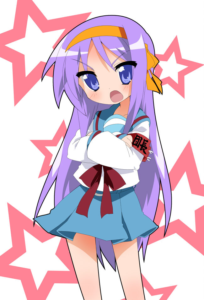 takeya yuuki, hiiragi kagami, suzumiya haruhi, lucky star, suzumiya haruhi no yuuutsu, 1girl, blue eyes, cosplay, crossed arms, female focus, hairband, purple hair, school uniform, serafuku, solo, suzumiya haruhi (cosplay)