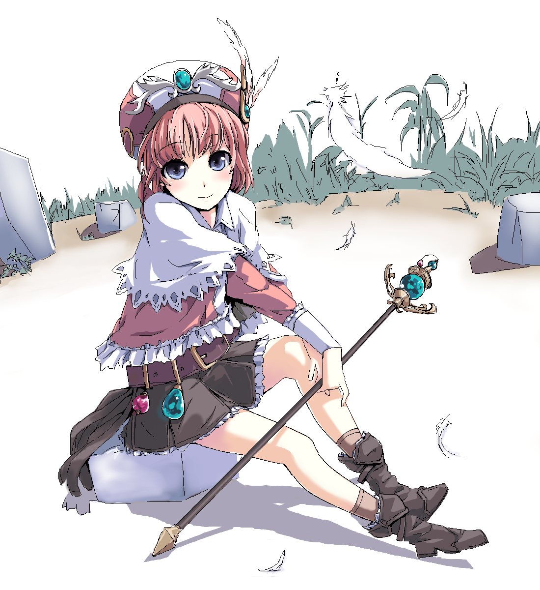 grune, rorolina frixell, atelier (series), atelier rorona, highres, 1girl, blue eyes, brown dress, capelet, dress, feathers, female focus, flask, hat, no legwear, oekaki, orange hair, short hair, sitting, solo, staff