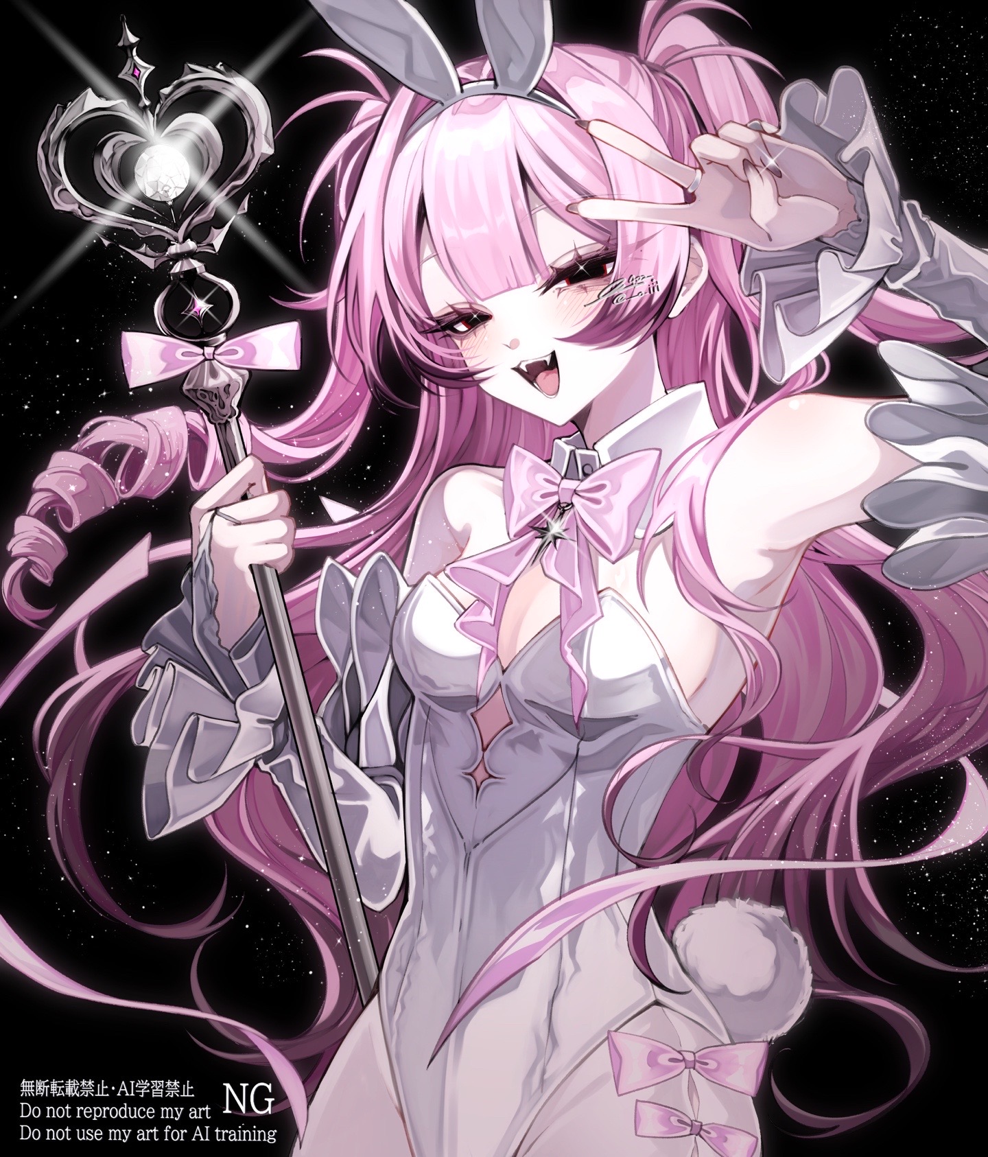 402 (o0 xxx), original, commentary request, highres, 1girl, animal ears, black eyes, bow, bowtie, breasts, bridal gauntlets, center-flap bangs, detached collar, detached sleeves, double-parted bangs, fake animal ears, fangs, frilled sleeves, frills, hair intakes, heart wand, high ponytail, holding, holding wand, long hair, looking at viewer, magical girl, medium breasts, narrowed eyes, open mouth, pantyhose, pink bow, pink bowtie, pink hair, playboy bunny, ponytail, rabbit ears, rabbit tail, ringlets, solo, sparkle, tail, two side up, upper body, v, v over eye, very long hair, wand, watermark, white pantyhose