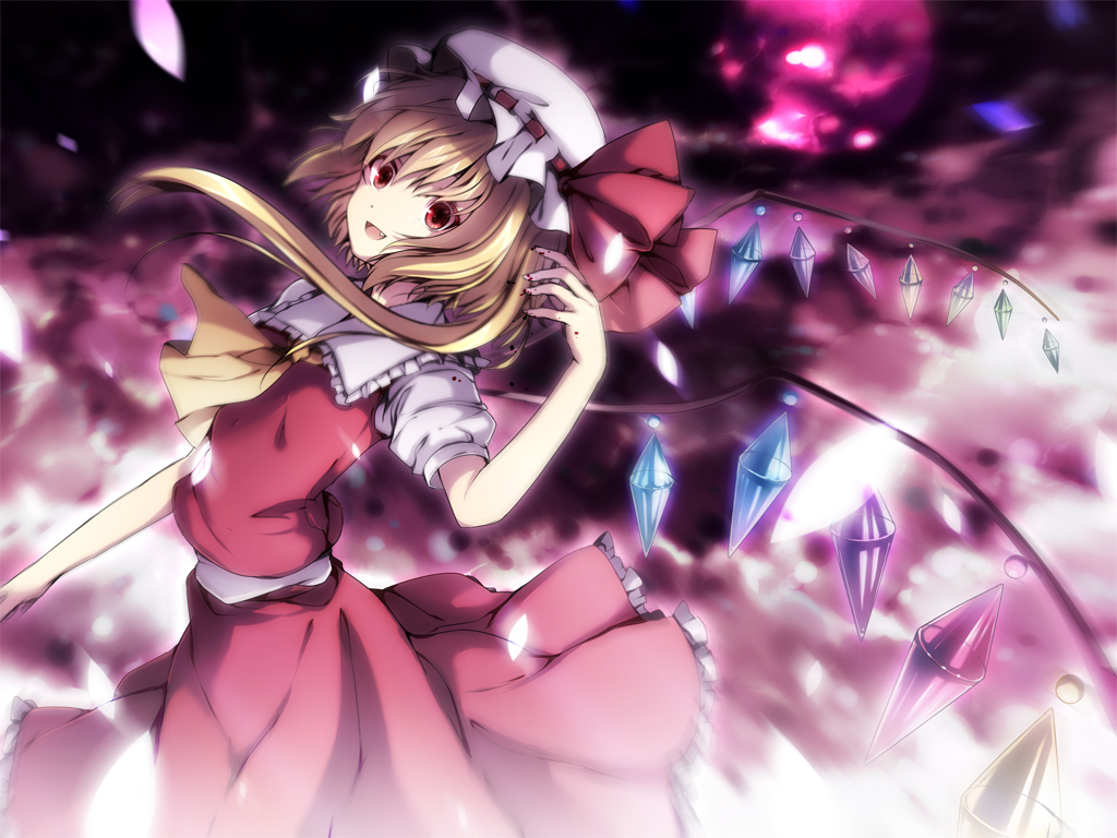 6u (eternal land), kiyu, flandre scarlet, touhou, bad id, bad pixiv id, md5 mismatch, 1girl, :d, blonde hair, blood, fang, female focus, hat, one side up, open mouth, ponytail, red eyes, short hair, side ponytail, smile, solo, wide-eyed, wings
