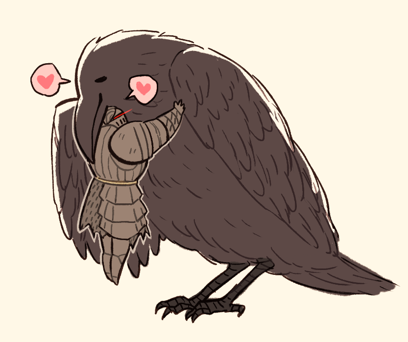 essor0706, the pursuer, dark souls (series), dark souls ii, 1boy, animal, armor, bird, breastplate, crow, eye trail, full armor, full body, glowing, glowing eyes, heart, helm, helmet, hug, knight, light trail, oversized animal, pauldrons, red eyes, shoulder armor, spoken heart, white background