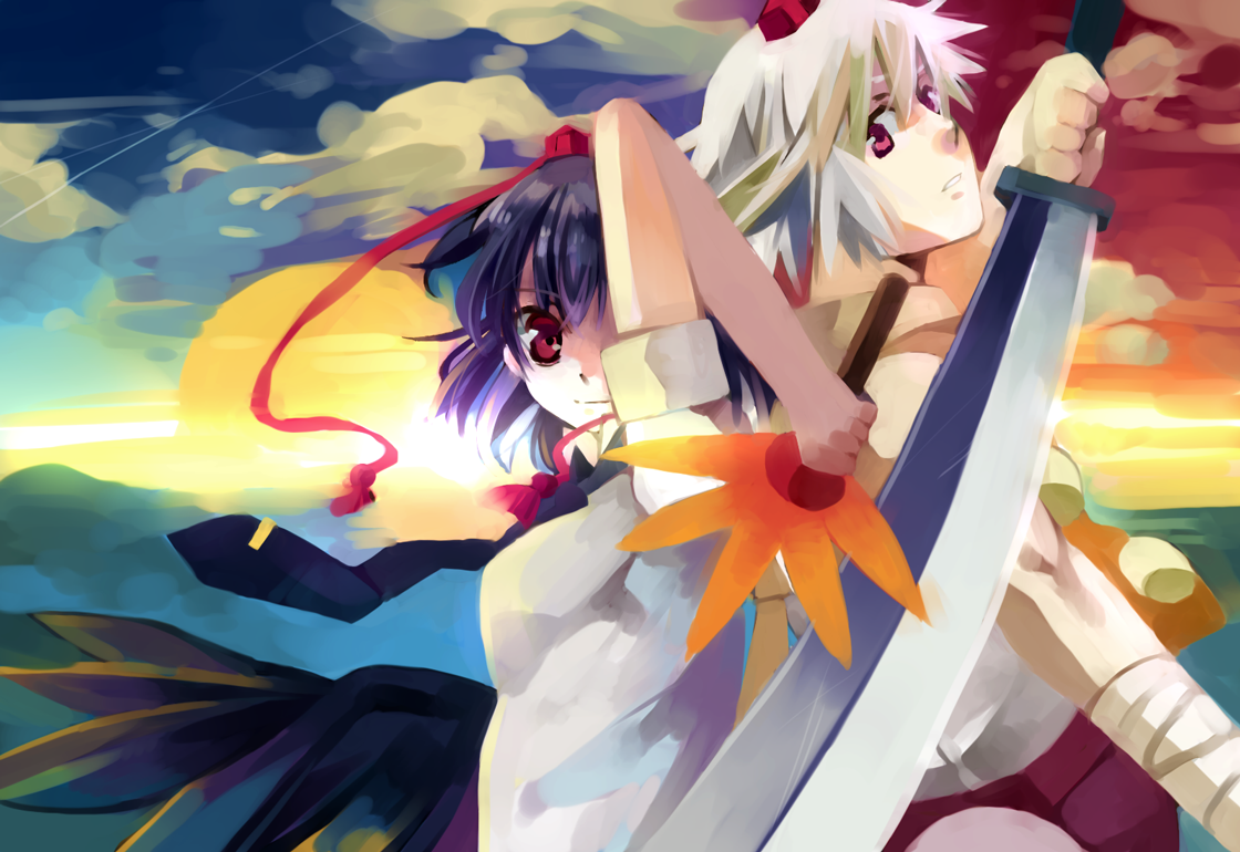 kimino tomonari, inubashiri momiji, shameimaru aya, touhou, bad id, bad pixiv id, 2girls, animal ears, black hair, black wings, female focus, hat, multiple girls, outdoors, red eyes, short hair, sky, sword, tokin hat, weapon, white hair, wings, wolf ears