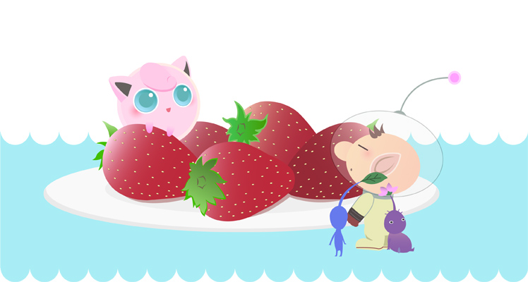 jigglypuff, olimar, nintendo, pikmin (series), pokemon, super smash bros., blue eyes, brown hair, food, food focus, fruit, gen 1 pokemon, gloves, helmet, no humans, pikmin (creature), pointy ears, pokemon (creature), smile, strawberry