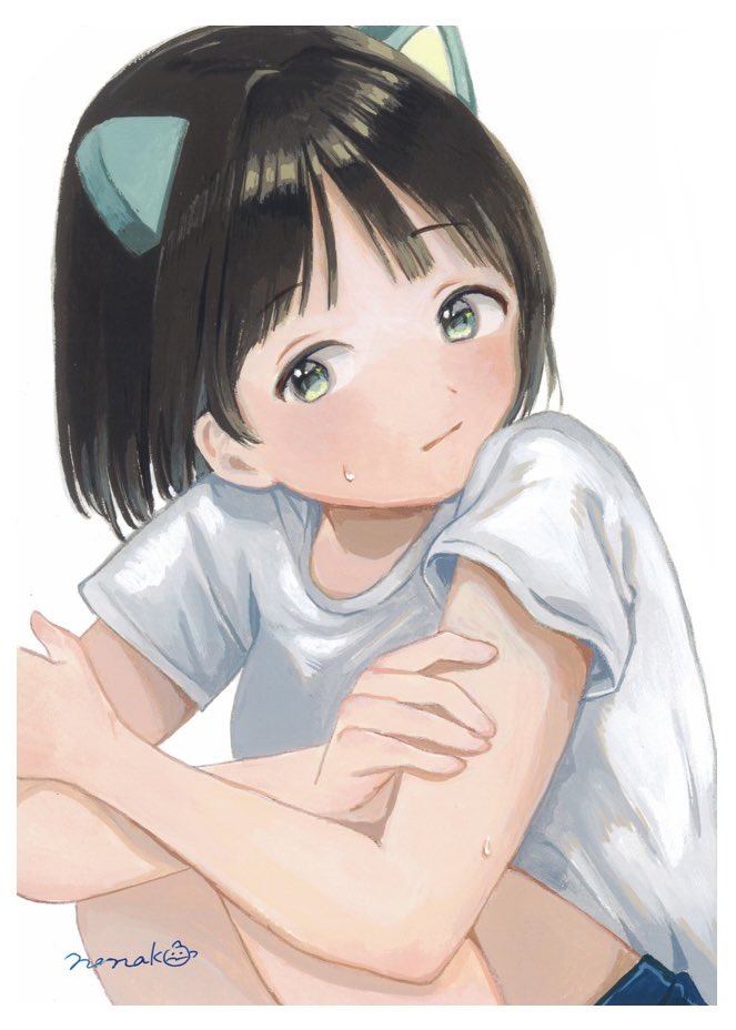 nena labo, original, commentary request, traditional media, 1girl, animal ears, arms on knees, black hair, bob cut, border, closed mouth, crossed arms, green eyes, knees up, looking to the side, parted bangs, shirt, short hair, short sleeves, sideways glance, signature, simple background, sitting, solo, sweat, t-shirt, turning head, white background, white border, white shirt