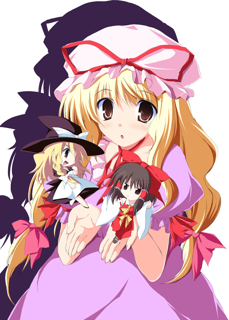 tsukinon, hakurei reimu, kirisame marisa, yakumo yukari, touhou, 3girls, blonde hair, bow, braid, brown eyes, brown hair, chibi, detached sleeves, female focus, hat, japanese clothes, long hair, miko, multiple girls, ribbon, white background, witch, witch hat