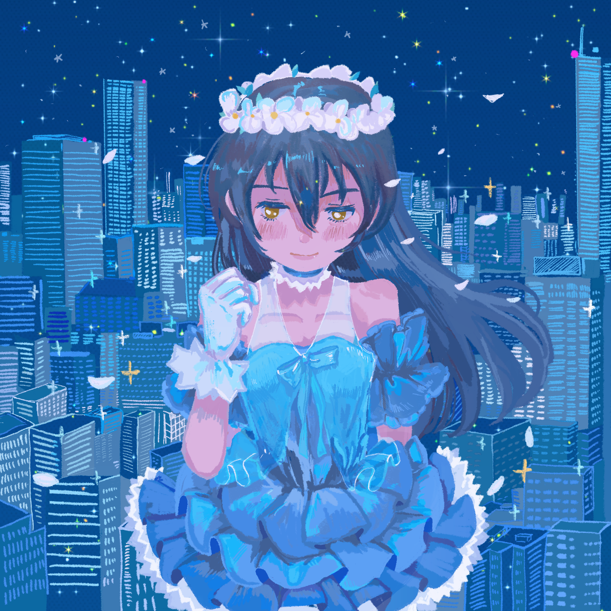 ohayo tamago, sonoda umi, love live!, love live! school idol project, highres, 1girl, blue dress, blue hair, blush, choker, city, closed mouth, dress, facing viewer, floating hair, flower, flower wreath, gloves, hand up, head wreath, light smile, lips, long hair, night, no lineart, official alternate costume, outdoors, solo, standing, upper body, white flower, white gloves, yellow eyes, yume no tobira