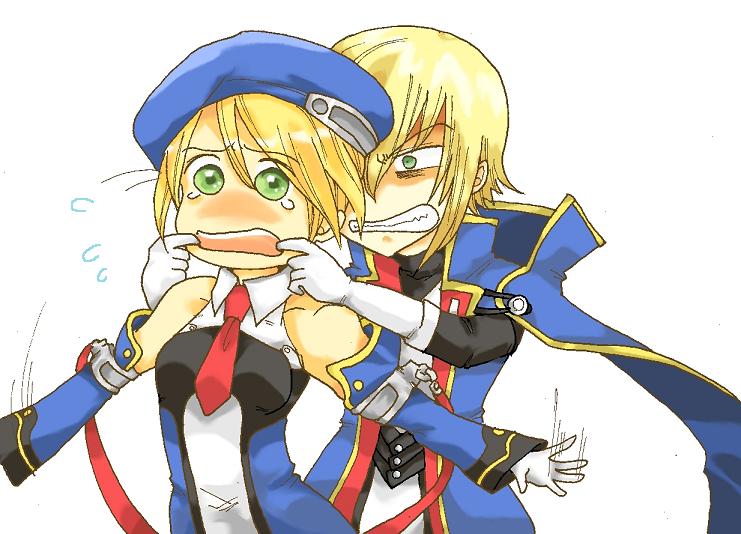 michi annai, jin kisaragi, kisaragi jin, noel vermillion, arc system works, blazblue, blazblue: calamity trigger, 1boy, 1girl, blonde hair, gloves, green eyes, hat, no nose, tears