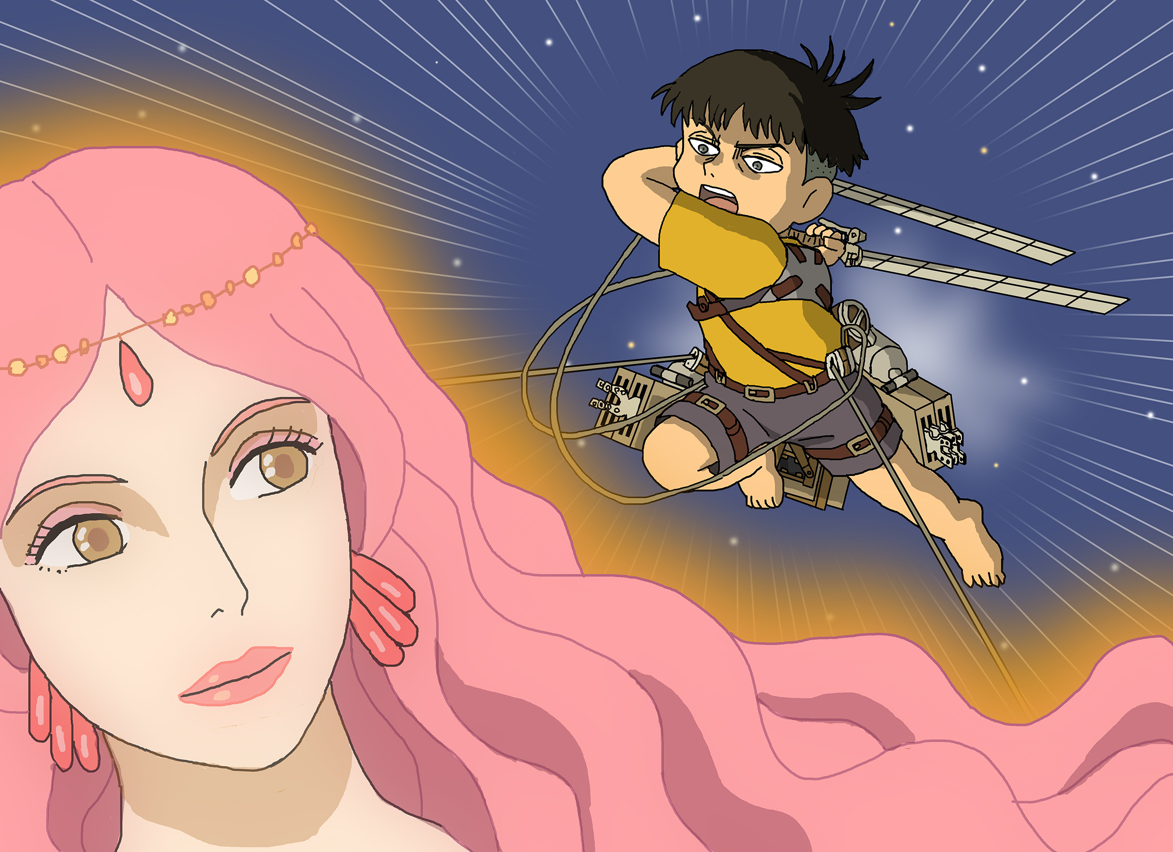 shideboo (shideboh), granmamare, sousuke (ponyo), gake no ue no ponyo, shingeki no kyojin, commentary request, highres, 1boy, 1girl, barefoot, black hair, black shorts, brown eyes, dual wielding, holding, parody, pink hair, shirt, shorts, sky, star (sky), starry sky, three-dimensional maneuver gear, undercut, wavy hair, yellow shirt