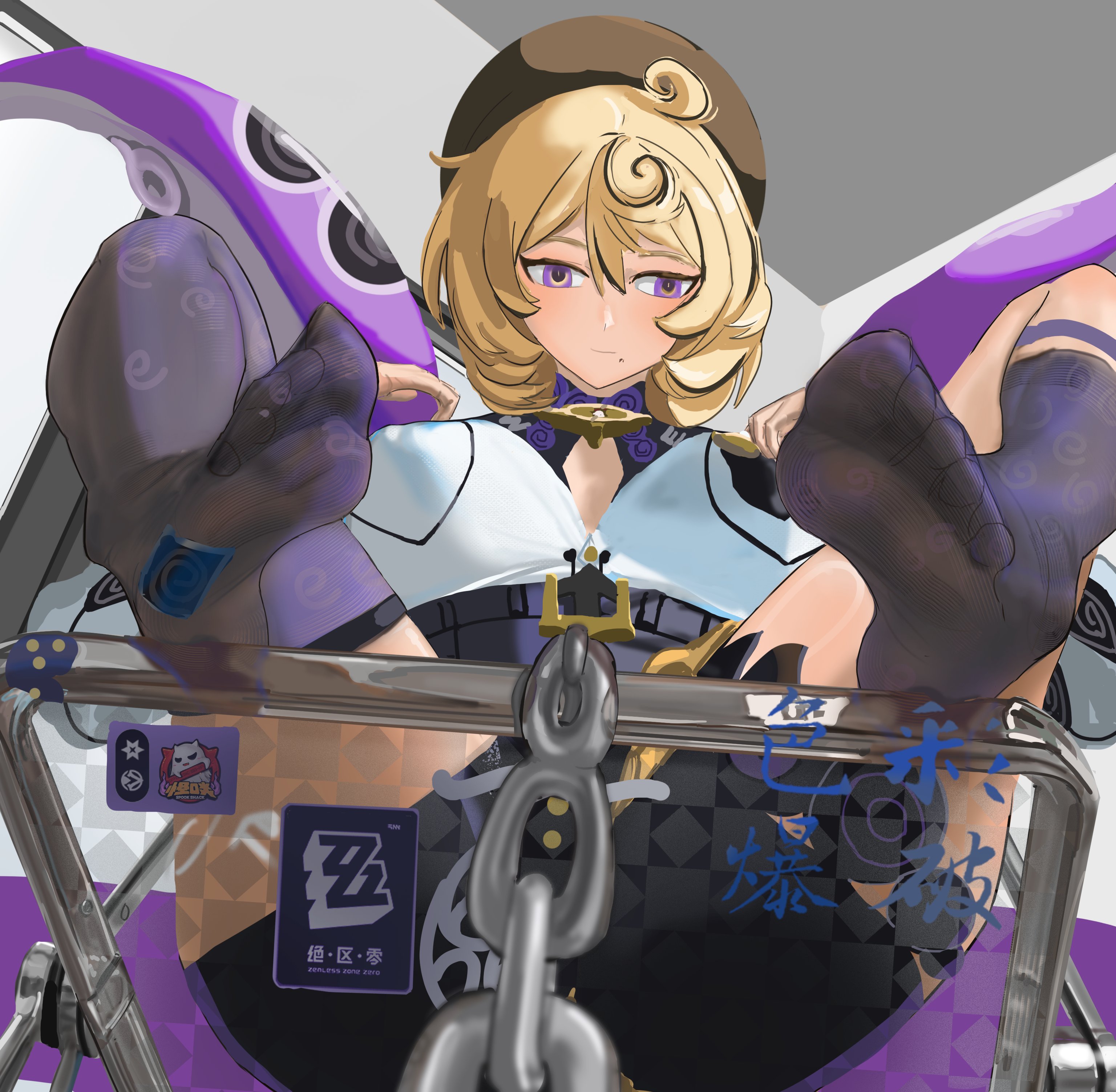 secaibaopo, yidhari murphy, zenless zone zero, absurdres, highres, 1girl, asymmetrical legwear, blonde hair, chain, feet, hat, looking at viewer, medium hair, pov, purple eyes, see-through clothes, see-through legwear, socks, soles, toes