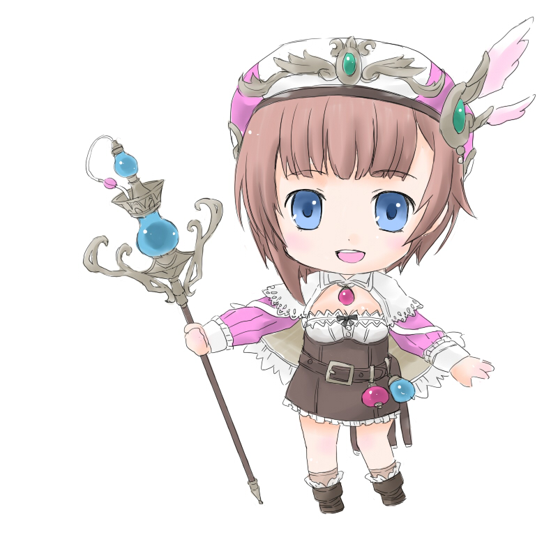 kagami inochi, kagami mikoto, rorolina frixell, atelier (series), atelier rorona, 1girl, belt, blue eyes, brown dress, brown hair, chibi, dress, female focus, hat, short hair, simple background, solo, staff, white background