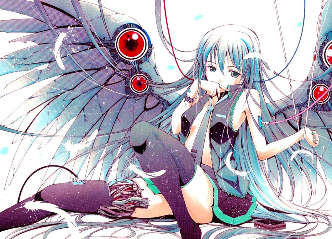 moonsorrow, hatsune miku, vocaloid, 1girl, android, aqua eyes, aqua hair, blouse, cable, detached sleeves, feathers, female focus, finger to mouth, hair down, half-closed eyes, hand to own mouth, long hair, mechanical wings, navel, necktie, open clothes, open shirt, shirt, sitting, skirt, solo, thighhighs, very long hair, wings