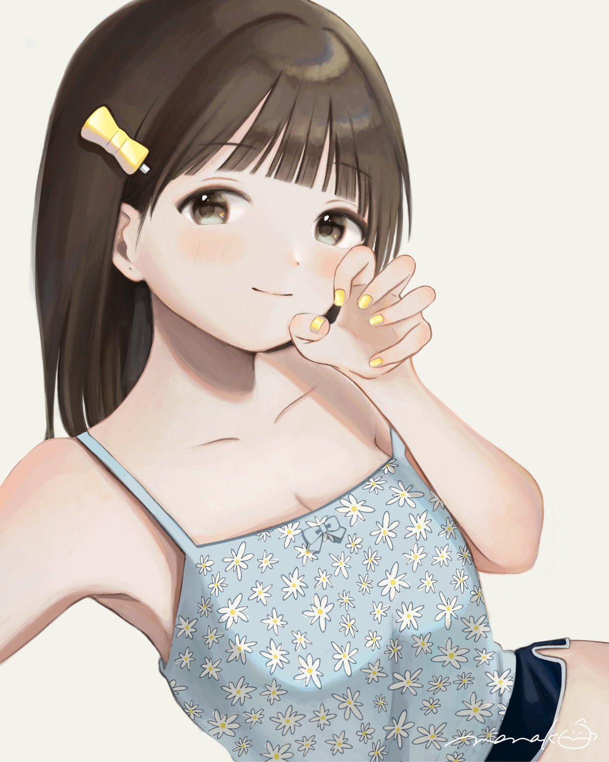 nena labo, original, commentary, highres, symbol-only commentary, 1girl, aqua camisole, bow, bow camisole, breasts, brown eyes, brown hair, camisole, claw pose, cleavage, fingernails, floral print, hair bow, hand up, light smile, long hair, looking at viewer, nail polish, print camisole, signature, simple background, solo, straight hair, upper body, white background, wispy bangs, yellow bow, yellow nails